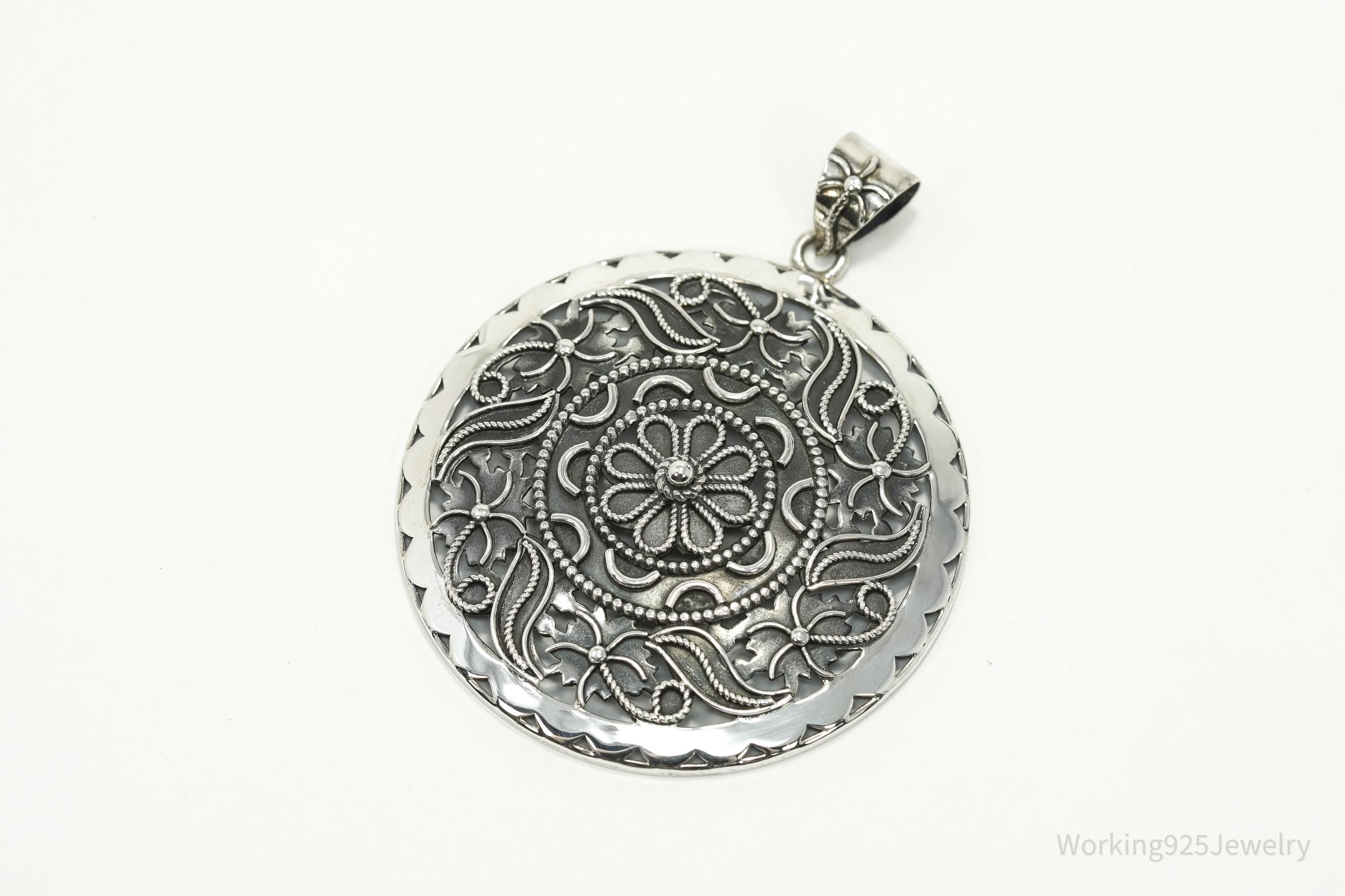 Large Vintage India Designer Doug Paulus Ornate Flower Sterling Silver Pendant