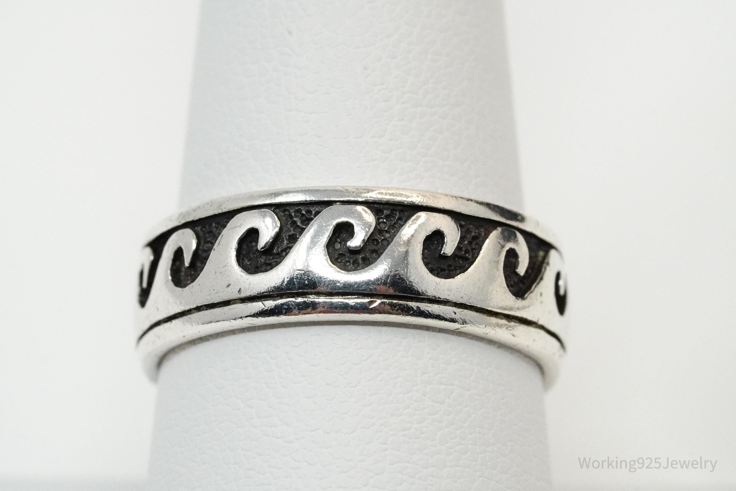 Vintage Waves Design Sterling Silver Band Ring - Size 9.25
