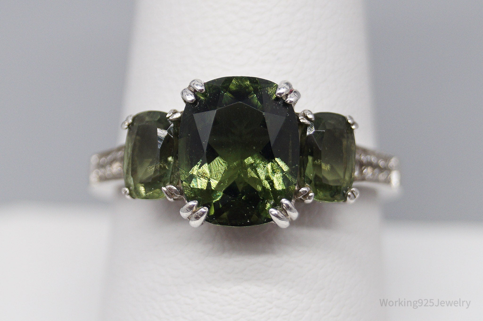 Vintage JTV's Green Moldavite & White Zircon Sterling Silver Ring - Size 9