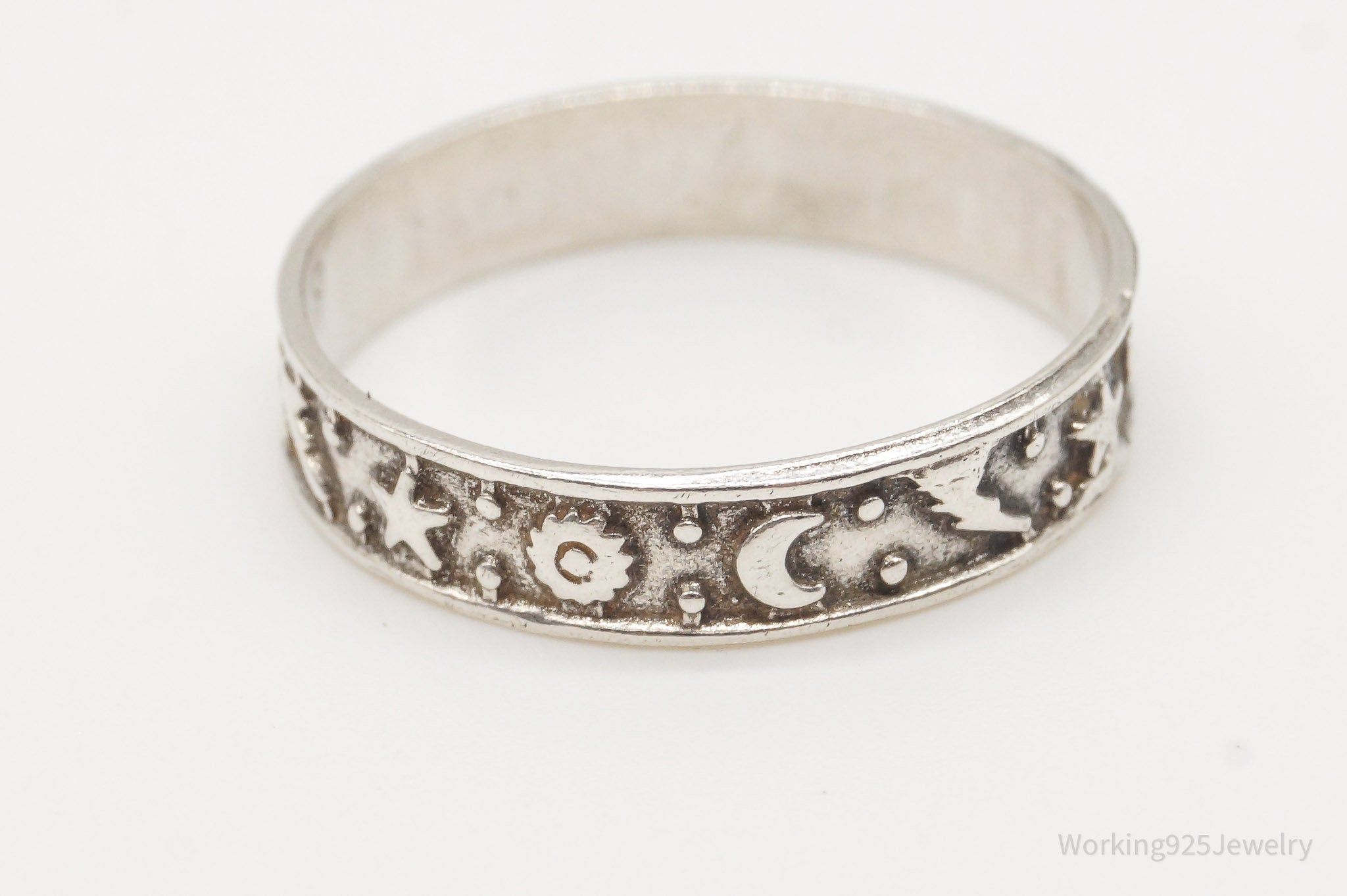 Vintage Stars Moons Suns Sterling Silver Band Ring - Size 9.5