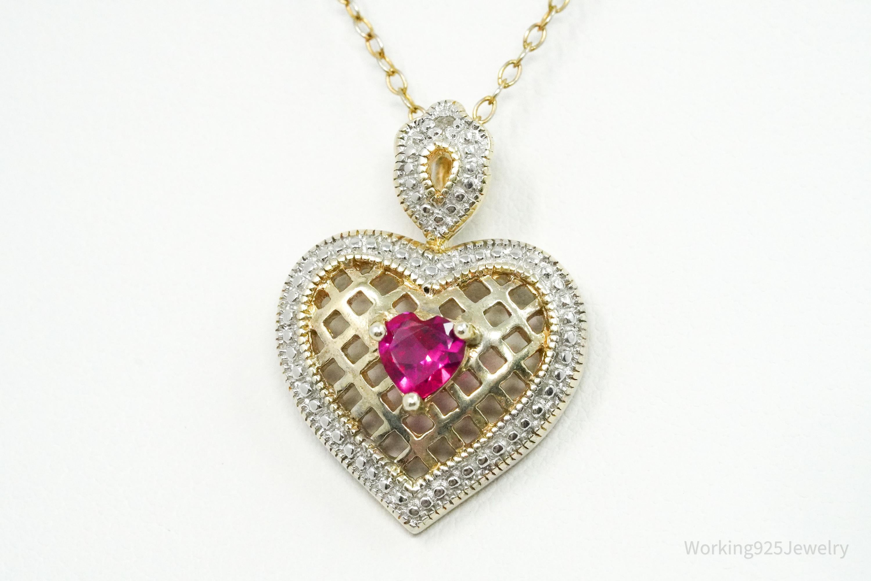 Vintage Ruby & Diamond Gold Over Sterling Silver Heart Necklace 18"