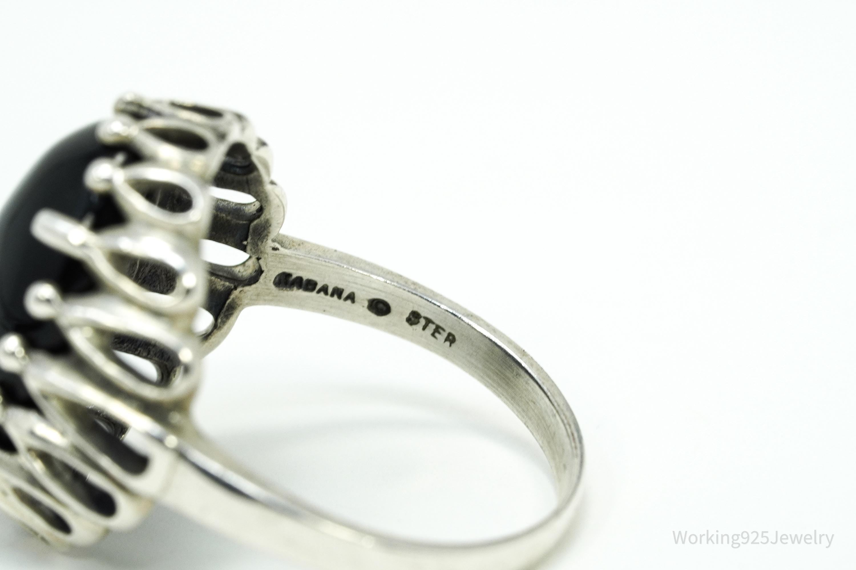 Vintage Designer Kabana Black Onyx Sterling Silver Ring - Size 9.25