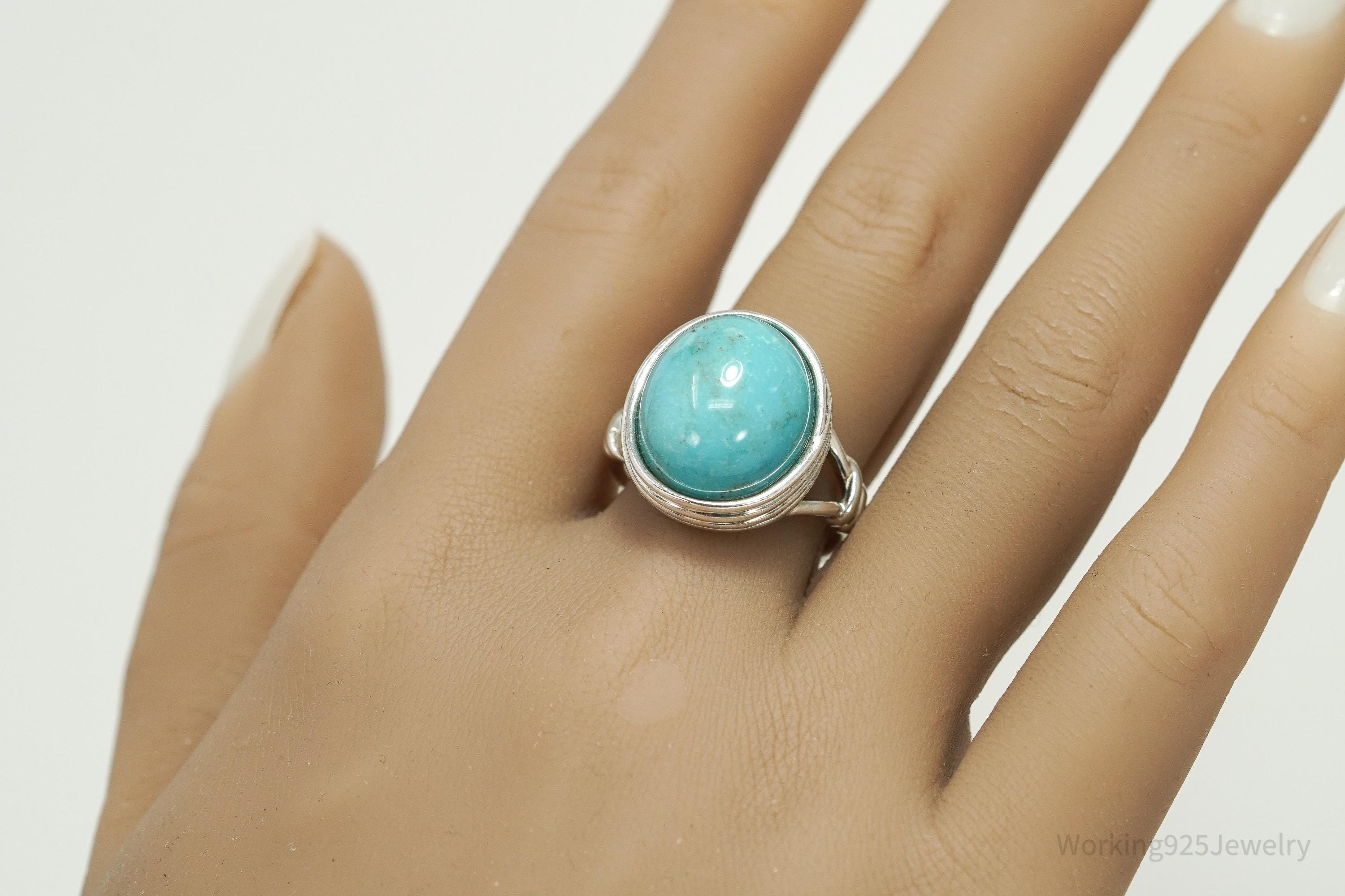 Vintage Turquoise Split Shank Sterling Silver Ring Size 9