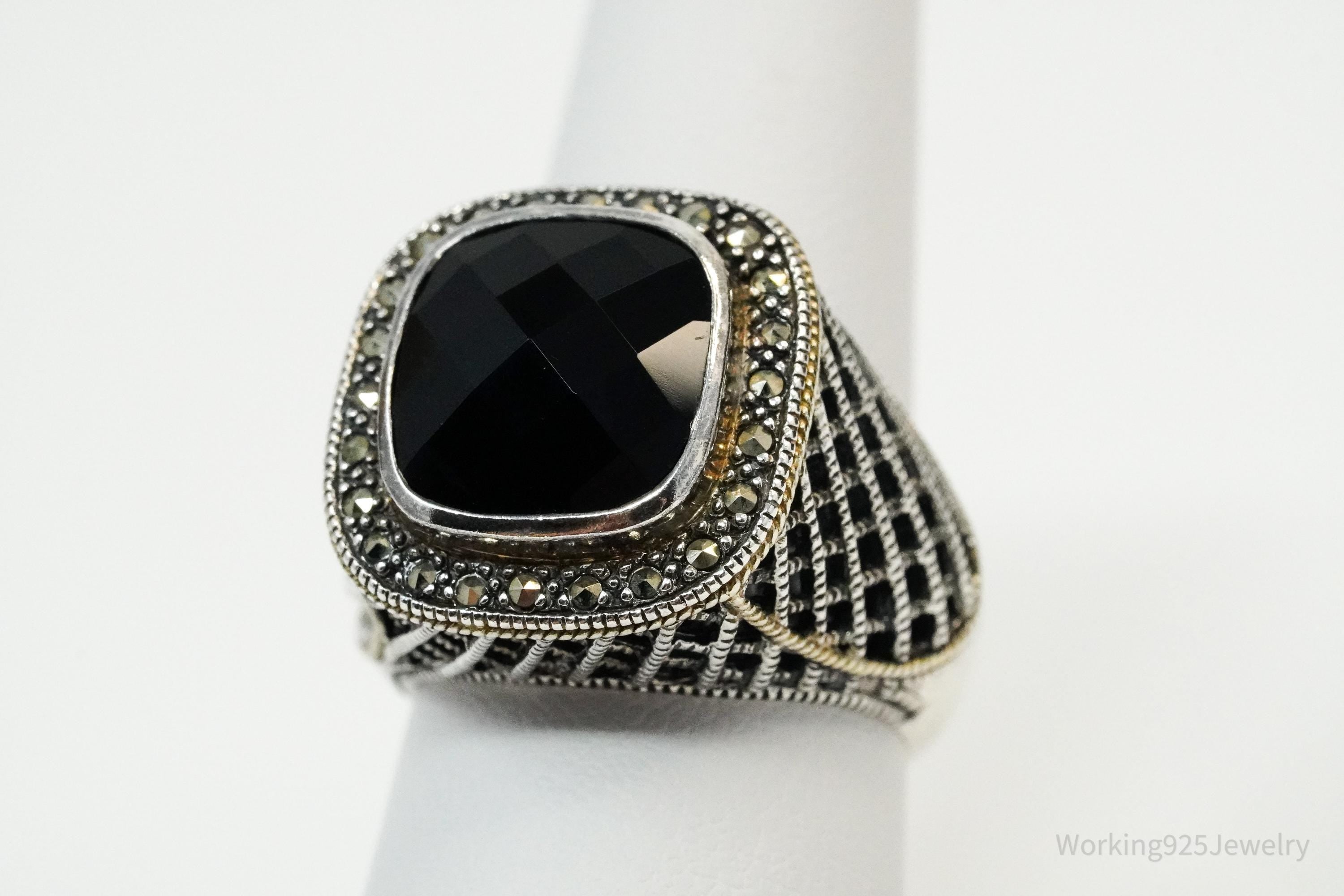 Vintage Black Onyx & Marcasite Sterling Silver Ring - Size 7