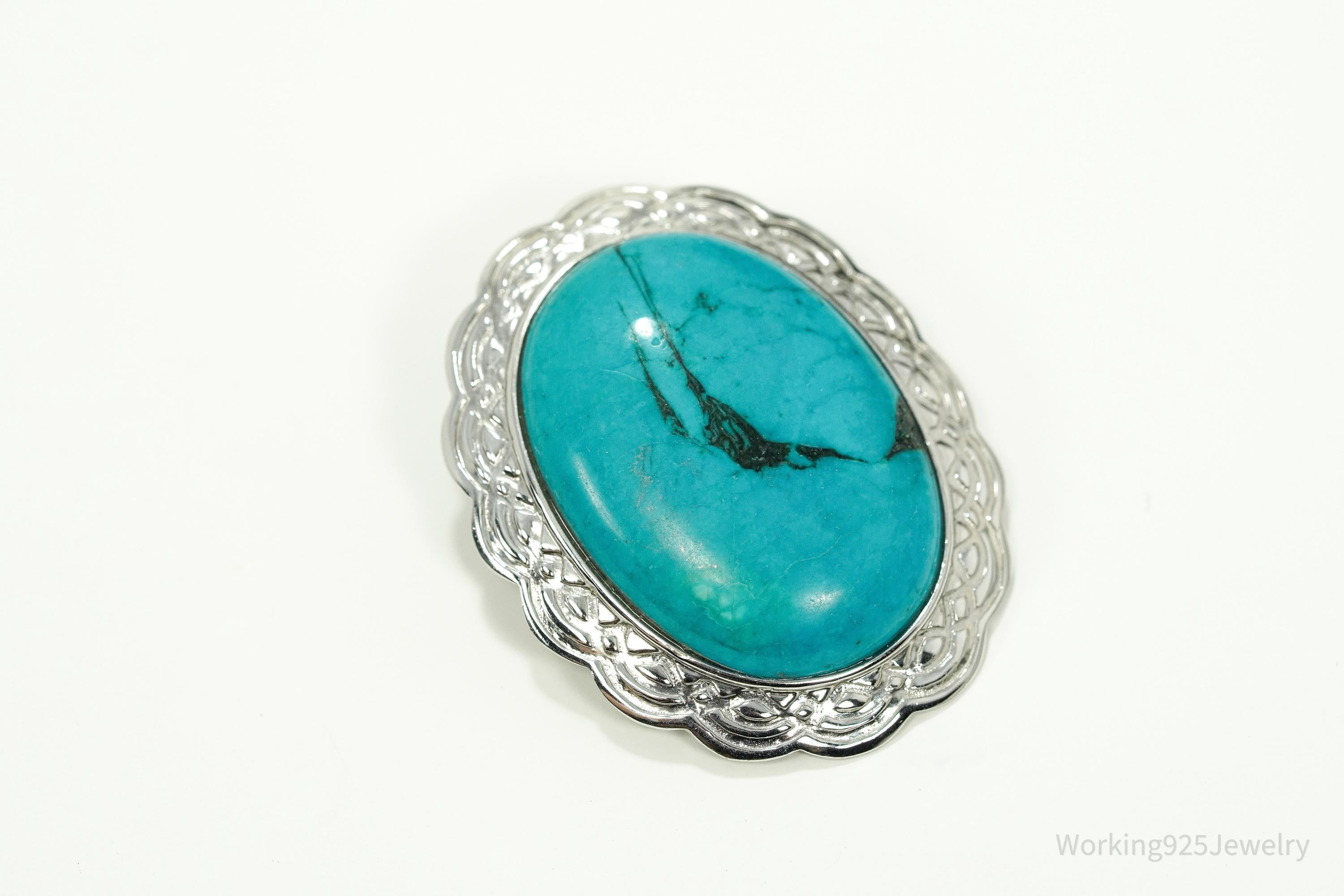 Vintage Large Blue Turquoise Sterling Silver Pendant