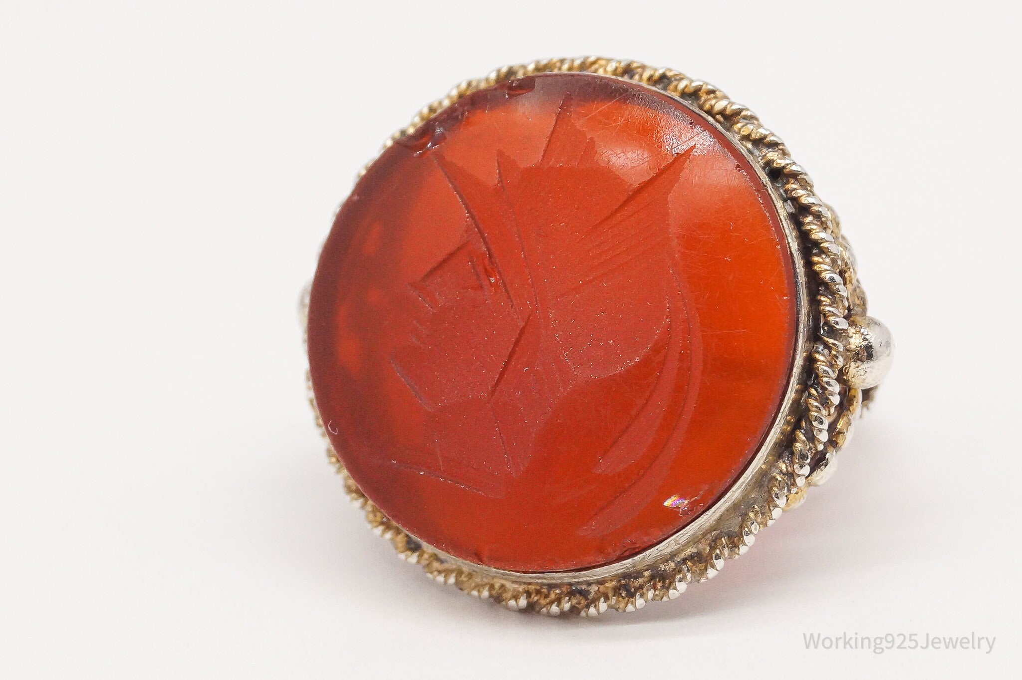 Antique Roman Soldier Carved Carnelian Intaglio Silver Ring - Size 5.5