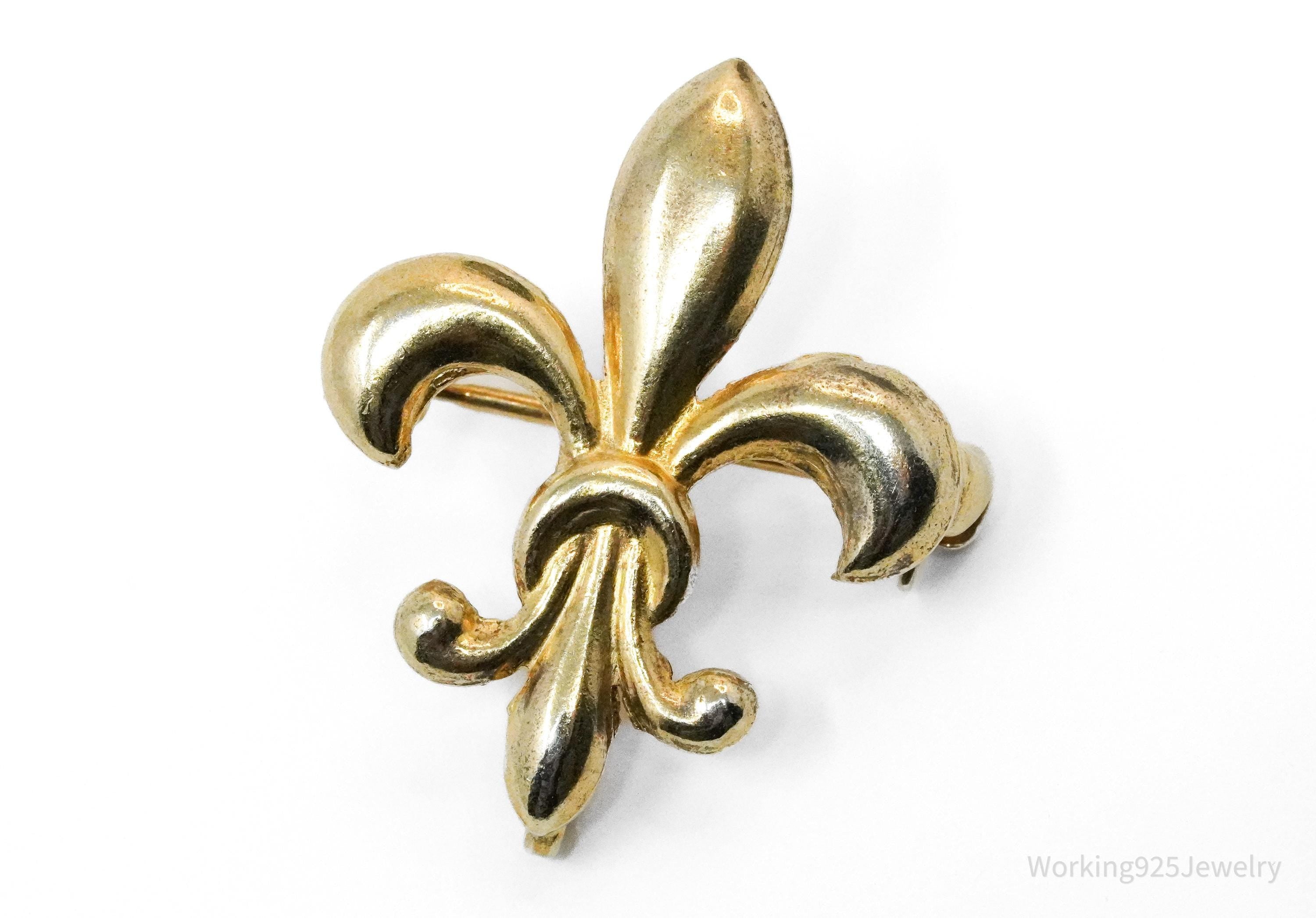 Vintage Fleur De Lis Gold Vermeil Sterling Silver Brooch Pin
