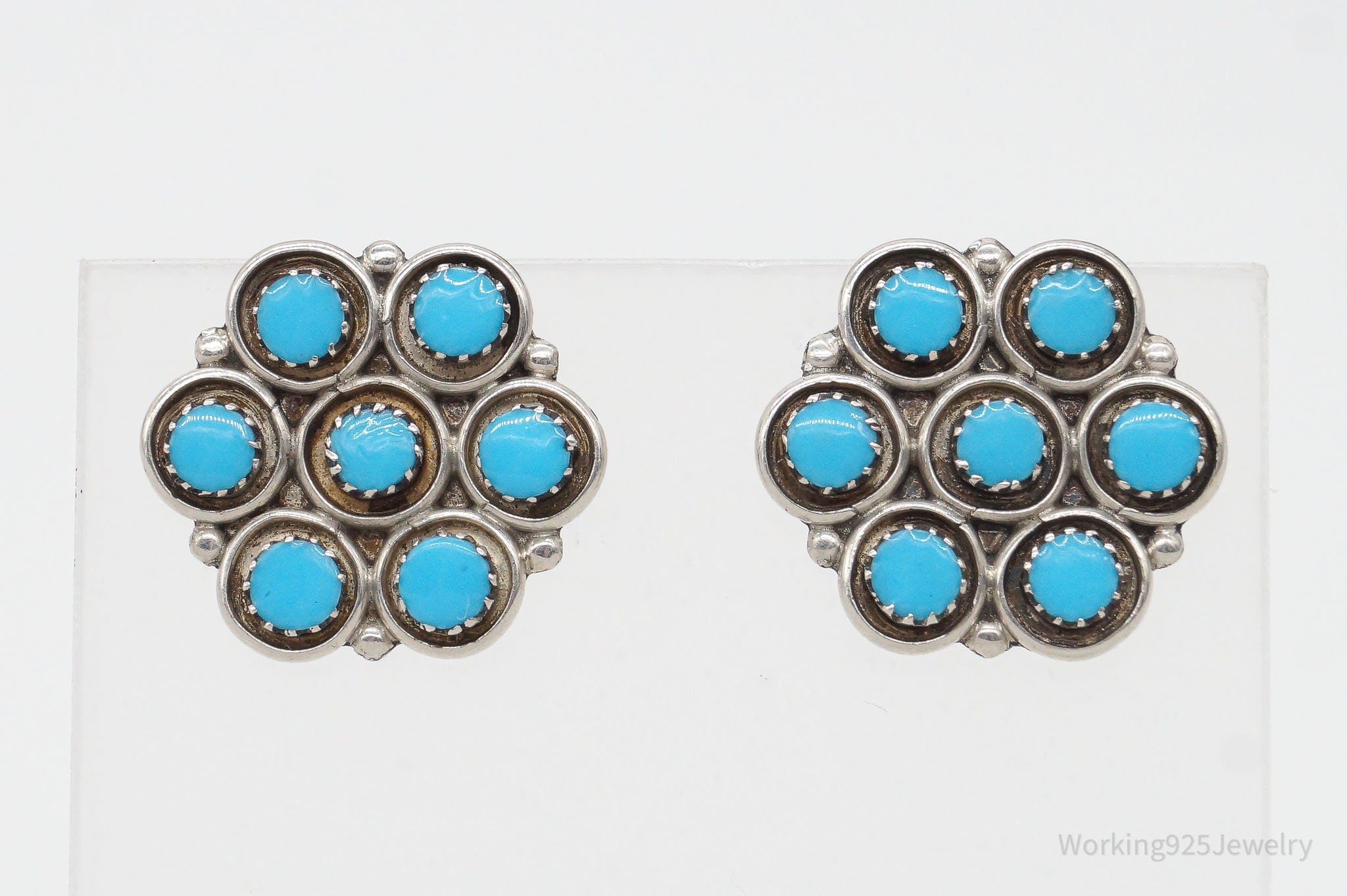 Vintage Native American Turquoise Petit Point Sterling Silver Earrings