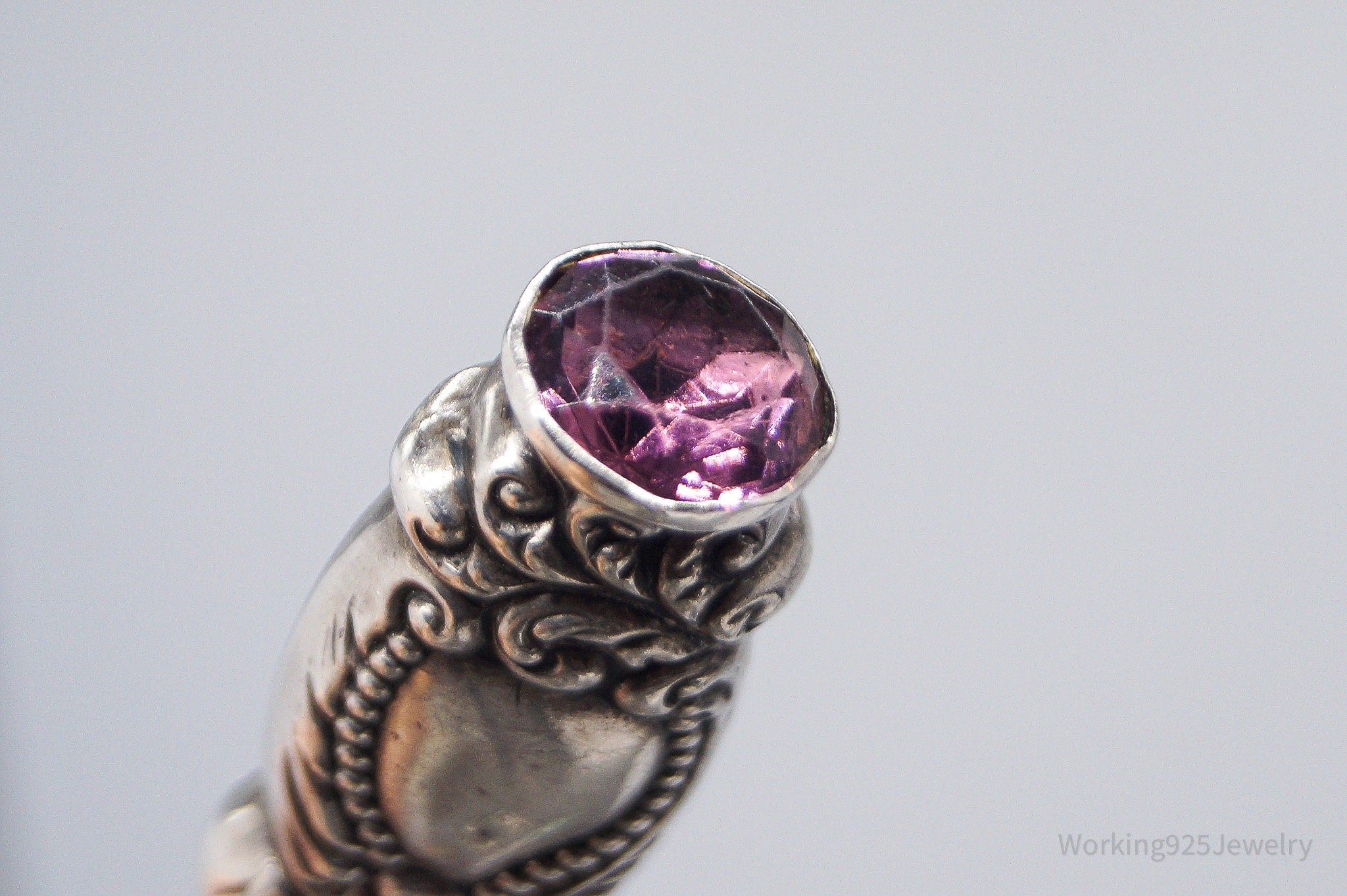 Large Rare Antique Repousse Purple Glass End Sterling Silver Nail File