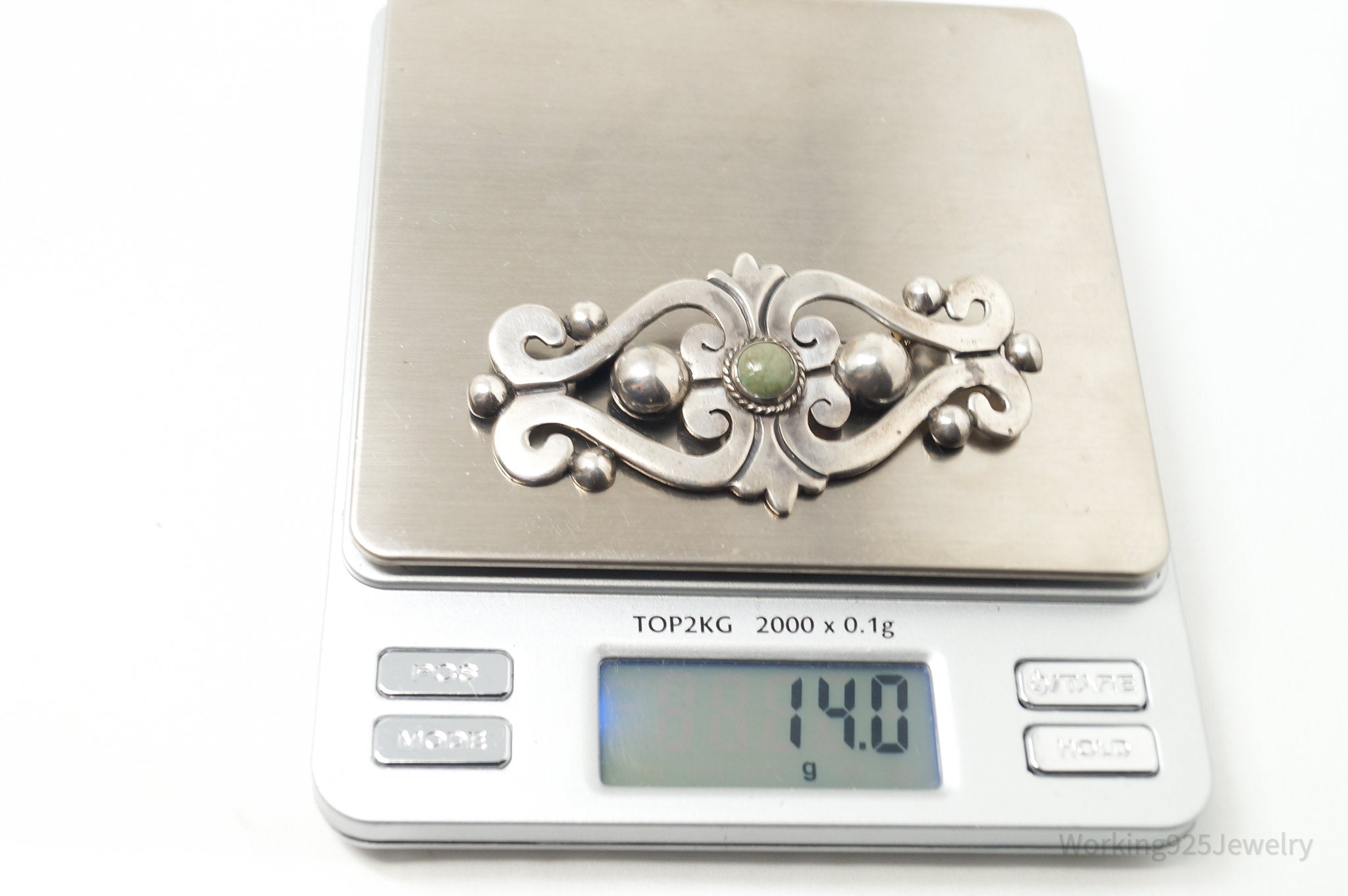 Large Vintage Taxco Mexico Turquoise Modernist 980 Silver Brooch Pin