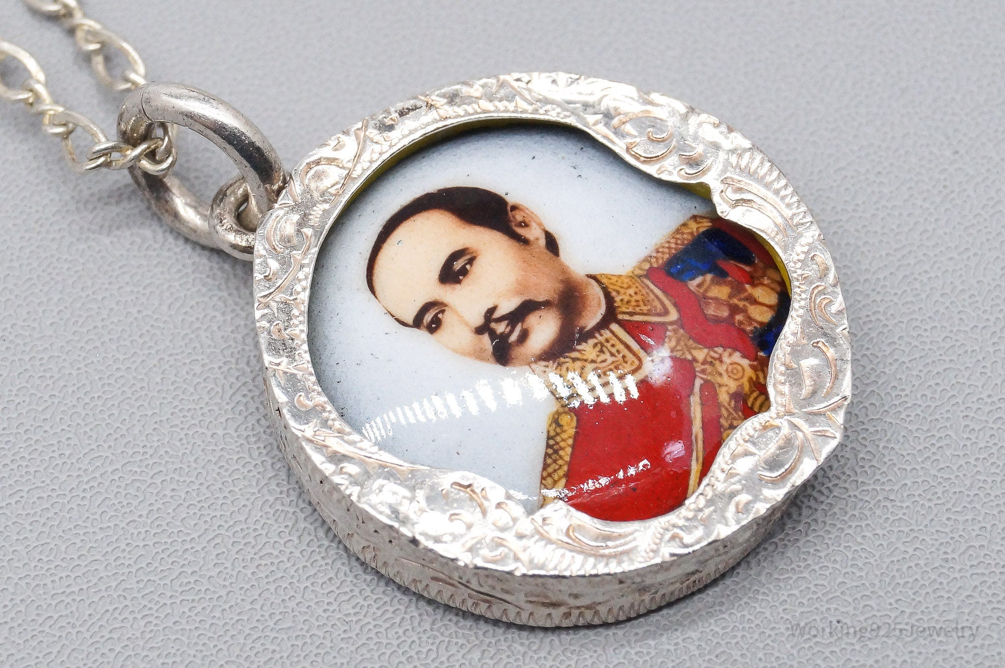 Vintage King Rama V King Of Siam Portrait Sterling Silver Necklace 18"