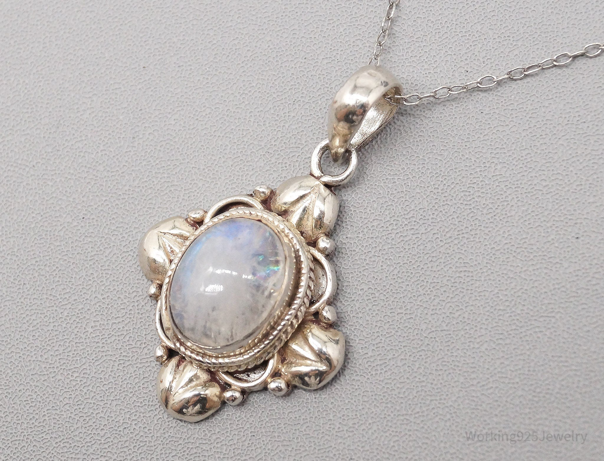 Vintage Moonstone Ornate Sterling Silver Necklace - 20"