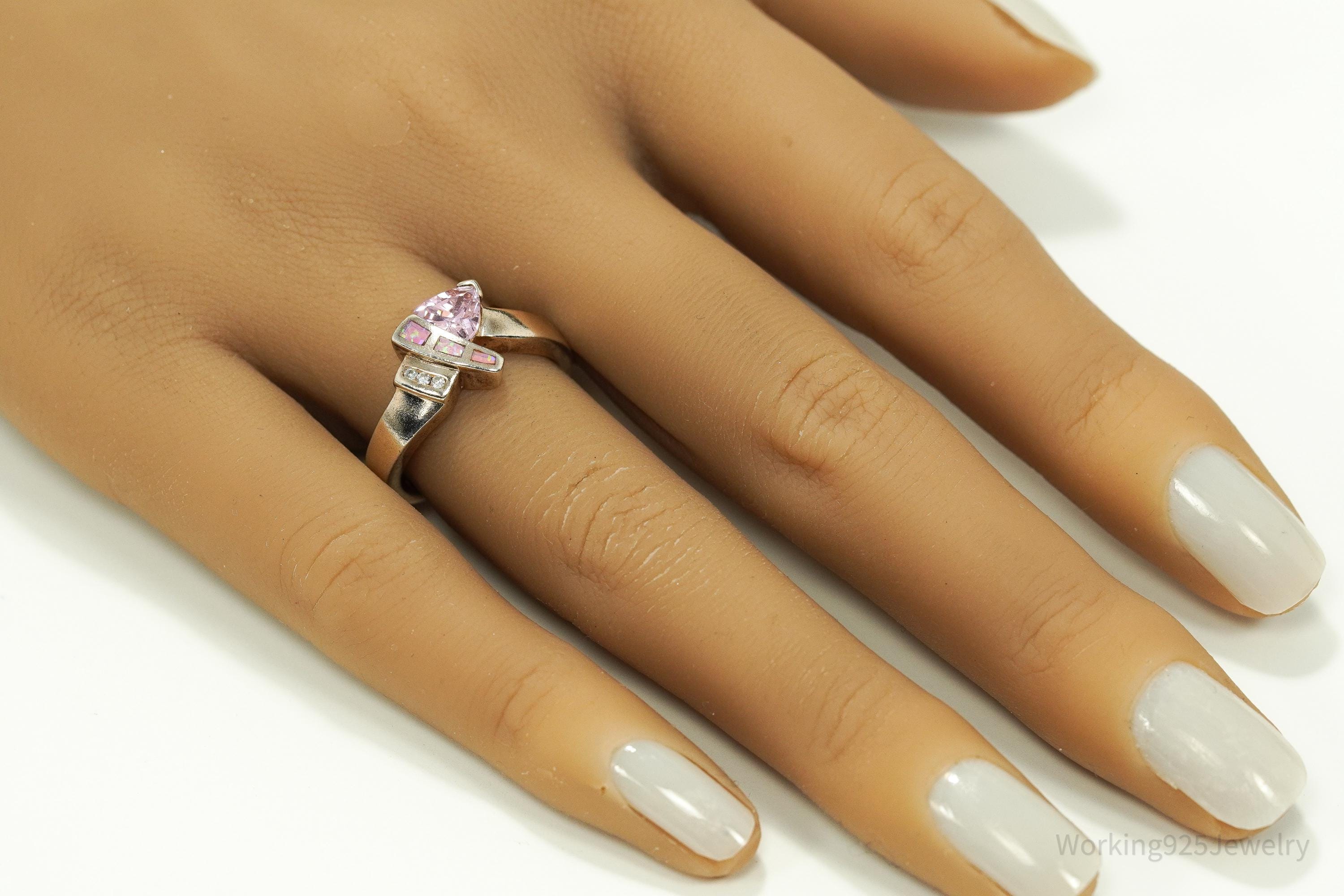 Vintage Pink & White Cubic Zirconia Opal Inlay Rose Gold Vermeil Sterling Silver Ring - Size 7.5