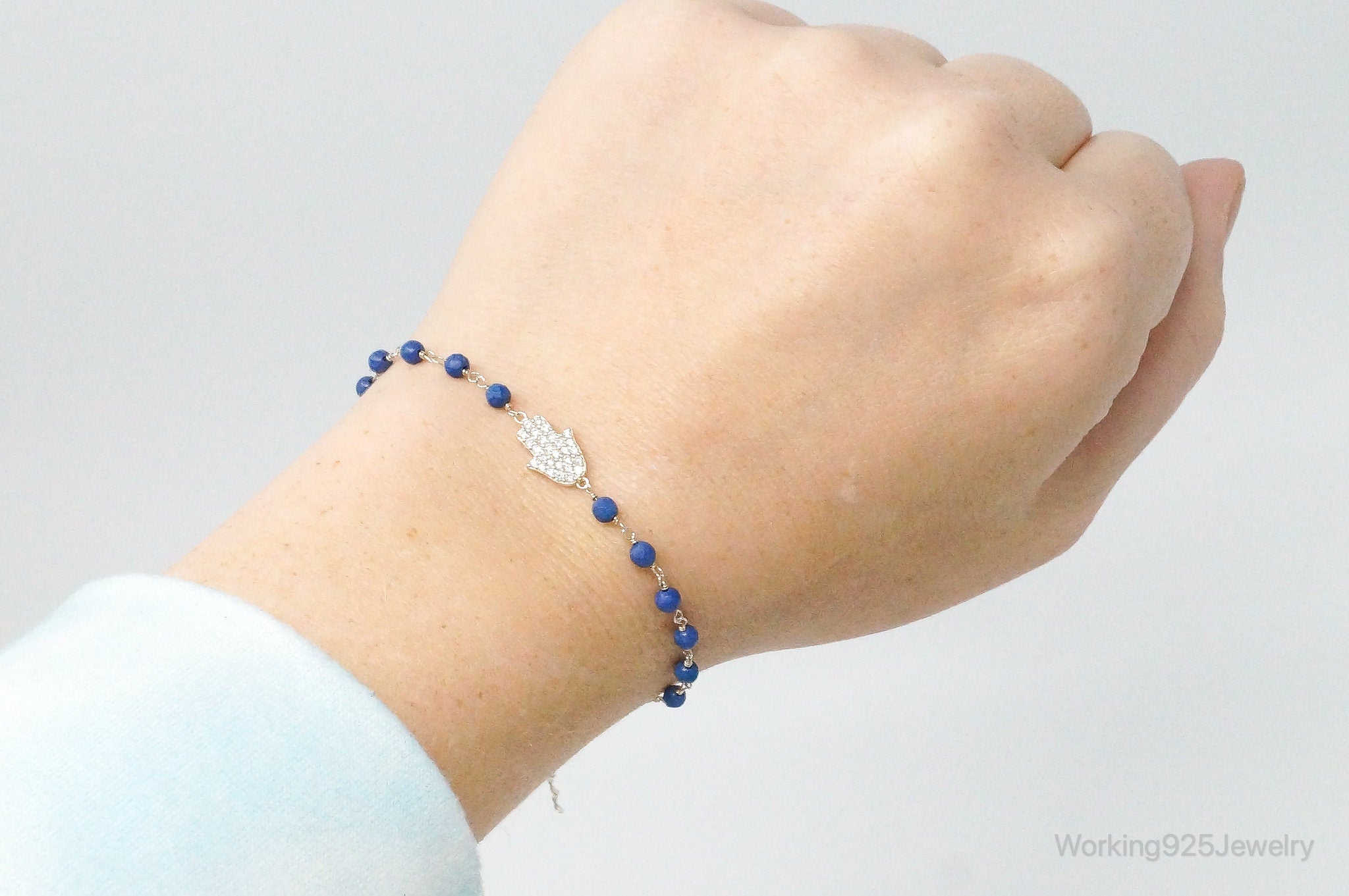 Hand Of Fatima Cubic Zirconia Lapis Lazuli Gold Wash Sterling Silver Bracelet