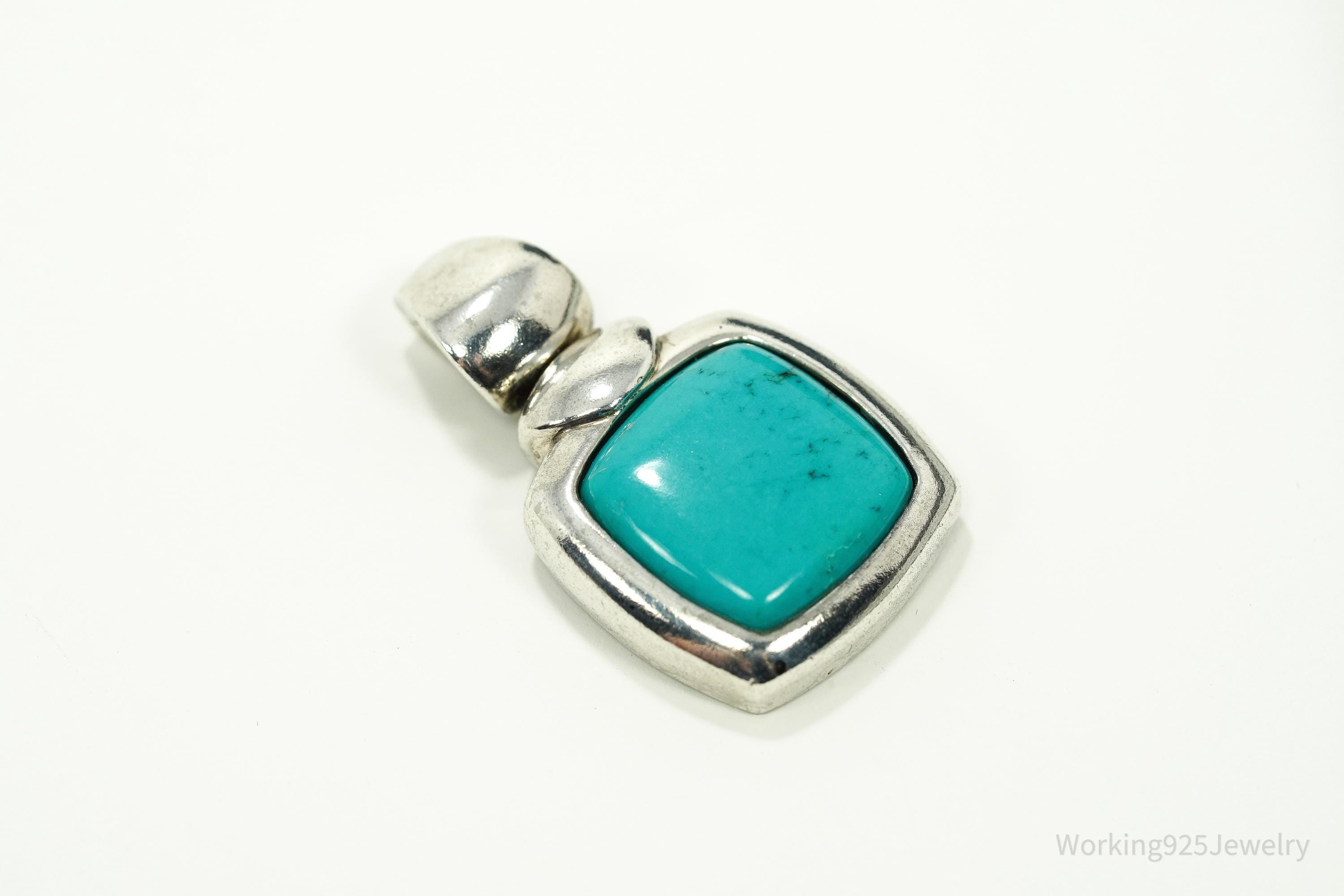 Vintage Blue Turquoise Sterling Silver Pendant 1.25"