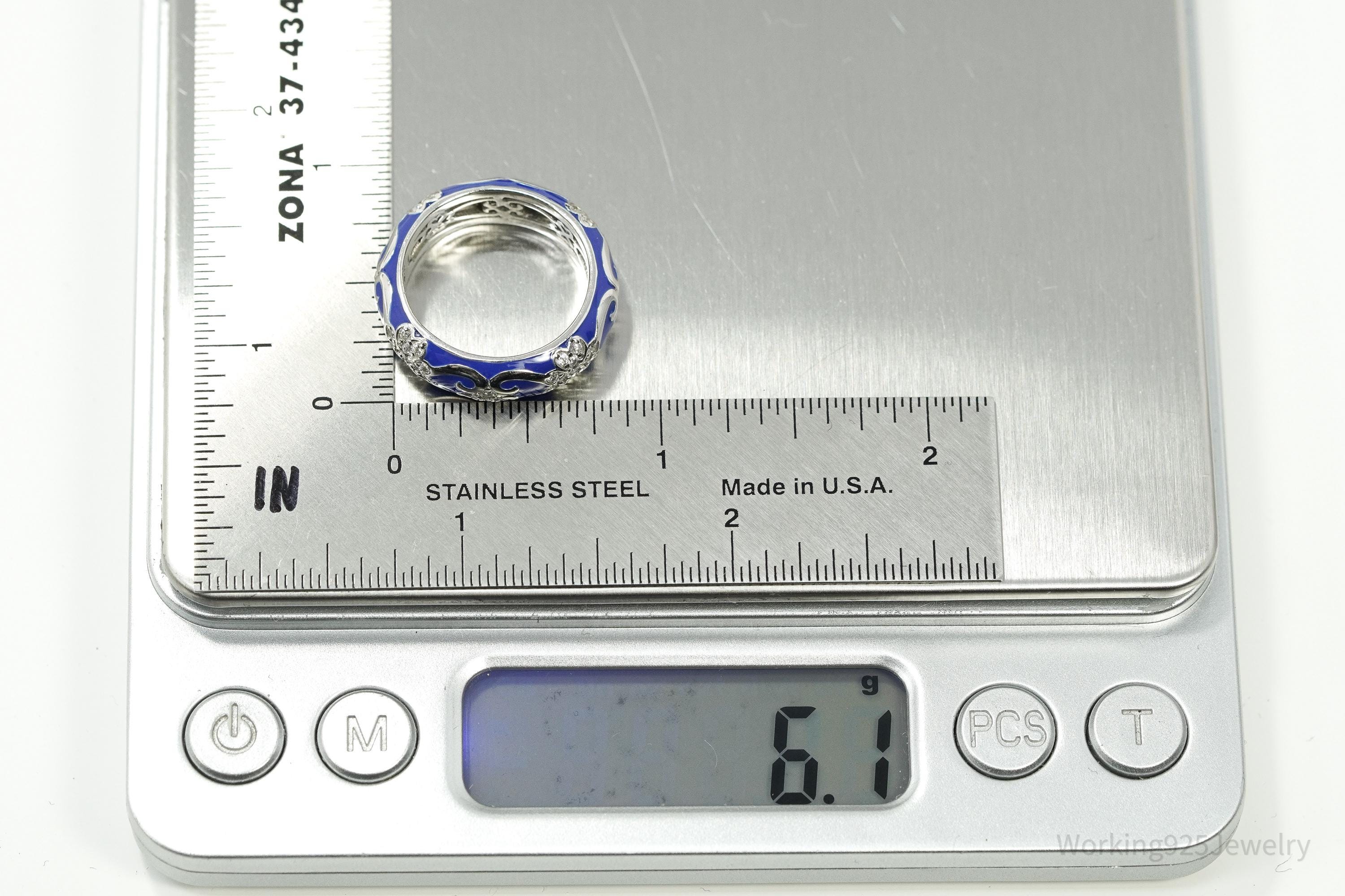 Y2K Blue Enamel & Cubic Zirconia Sterling Silver Band Ring – Size 7.25