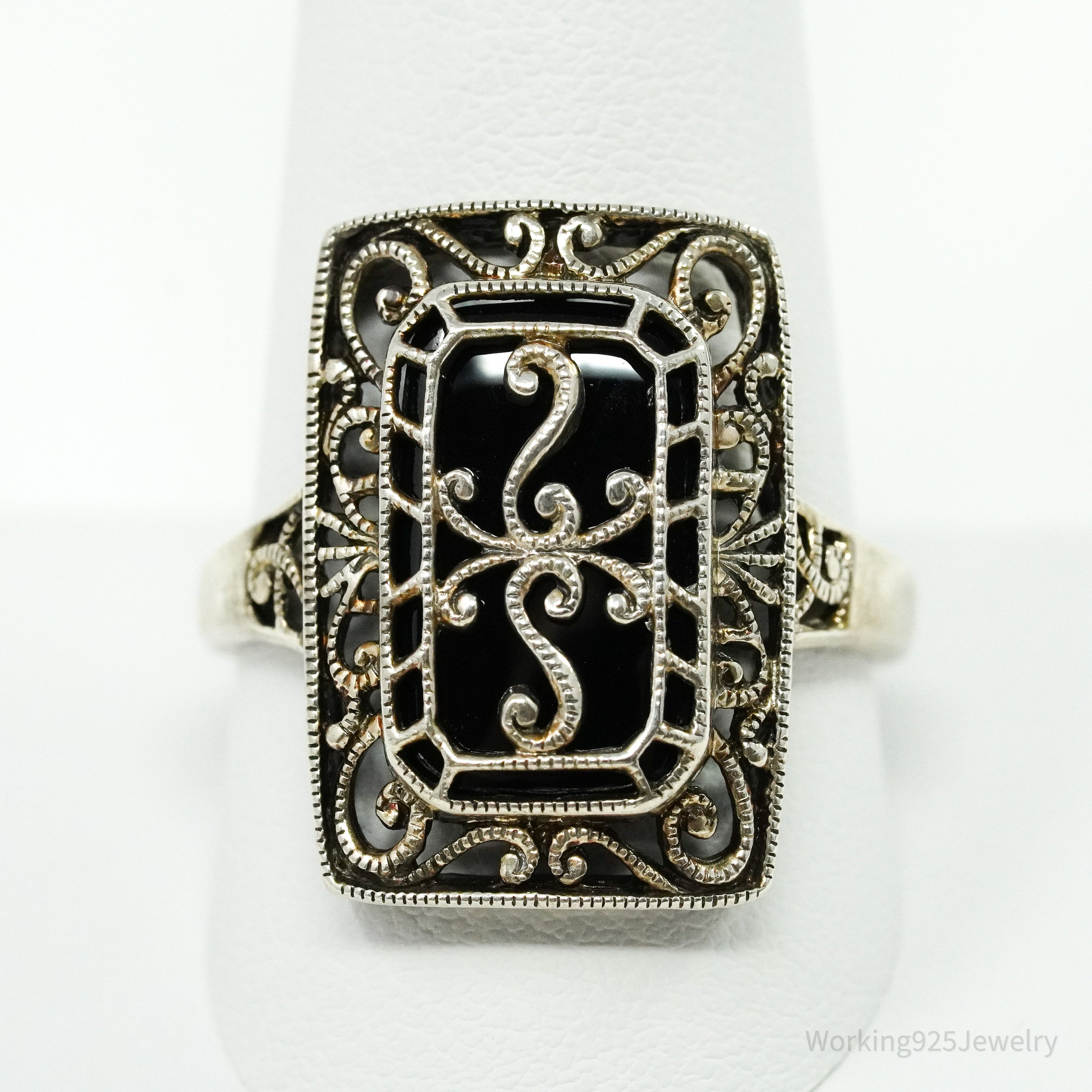 Vintage Black Onyx Scrolls & Swirls Sterling Silver Ring - Size 11.25