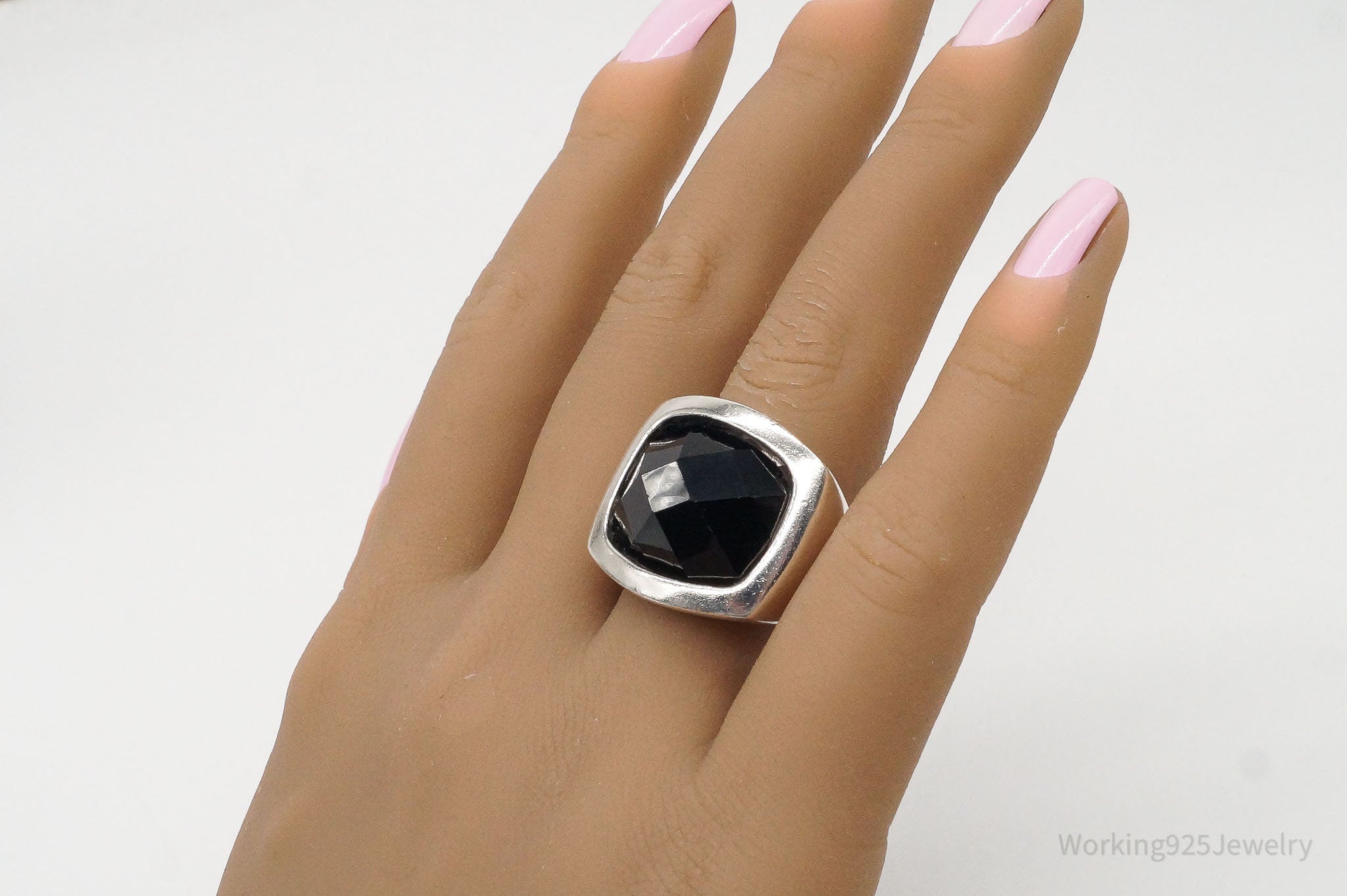 Vintage CFJ Black Onyx Sterling Silver Ring - Size 7.75