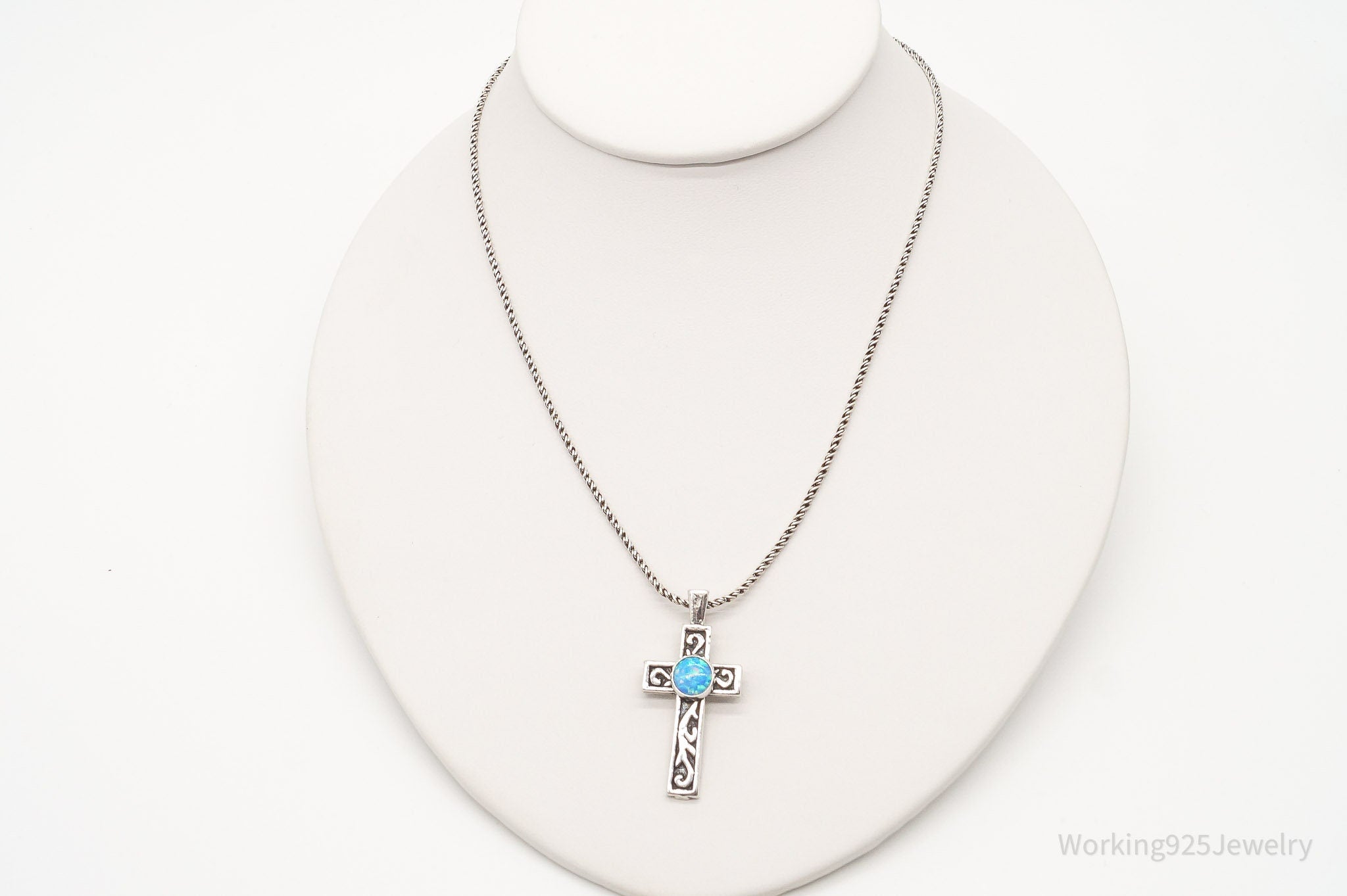 Vintage Blue Opal Sterling Silver Cross Necklace