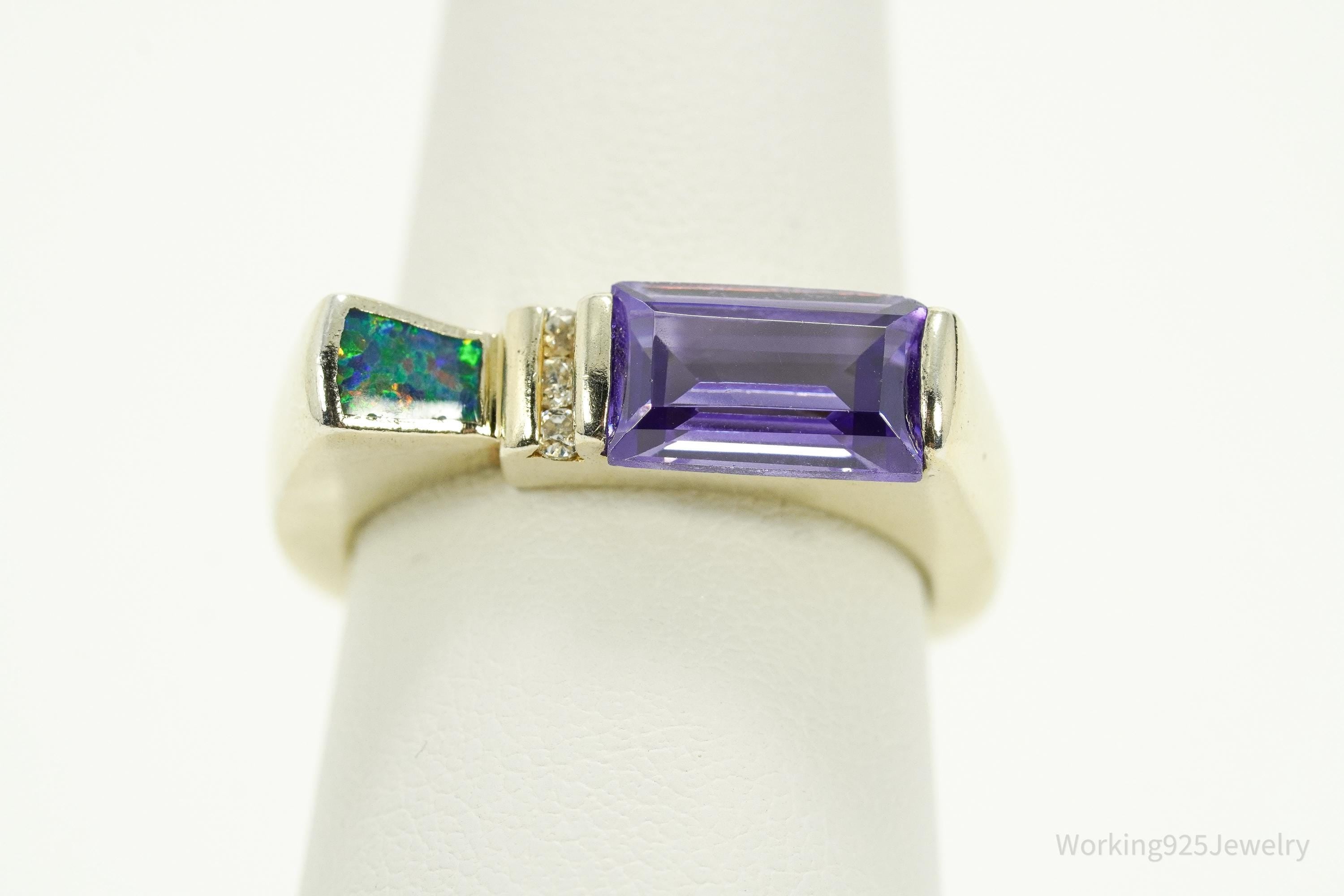 Vintage Designer AK Purple & White CZ Opal Gold Over Sterling Silver Ring - Size 8
