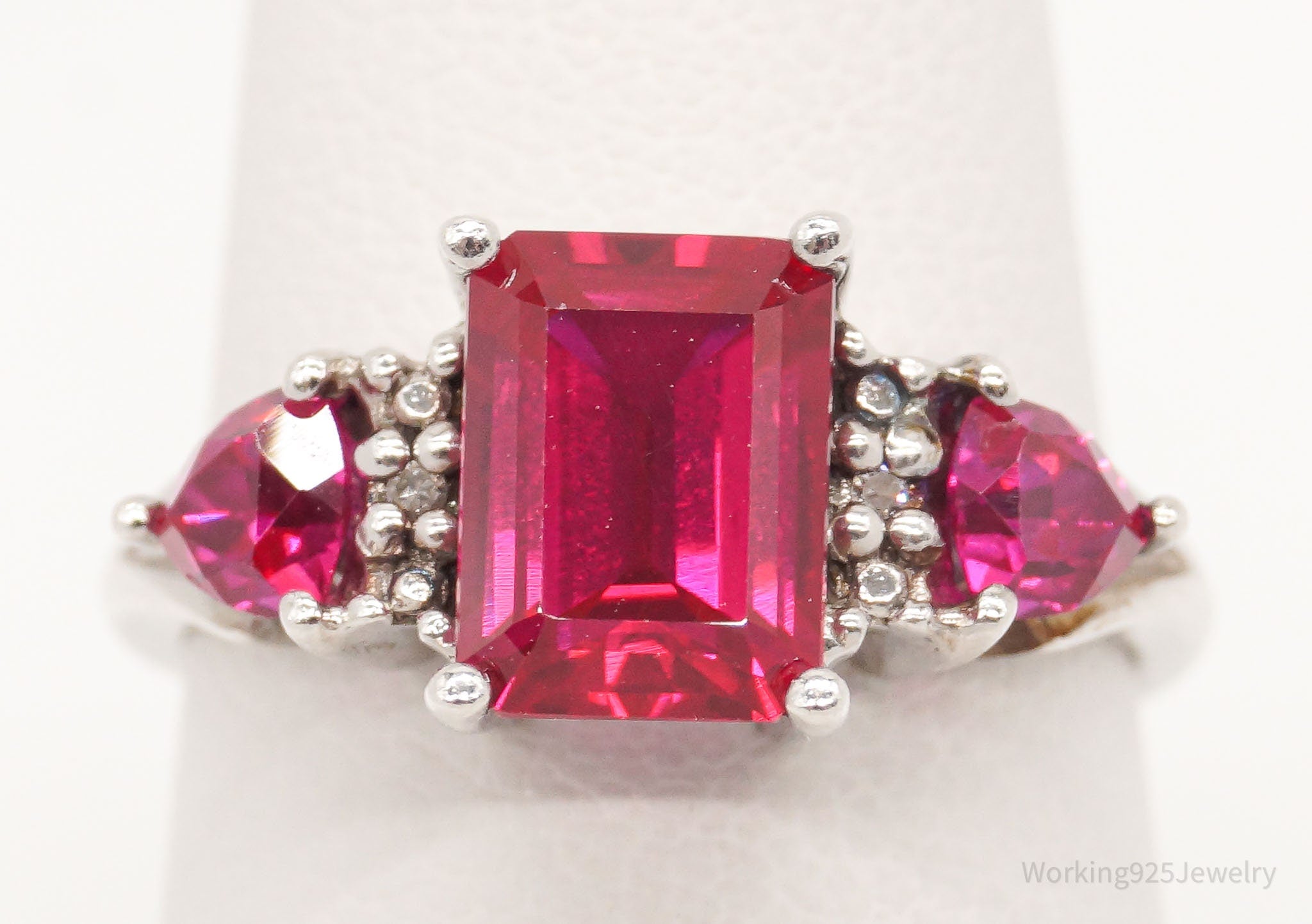 Vintage Ruby Two Diamond Sterling Silver Ring - Size 6