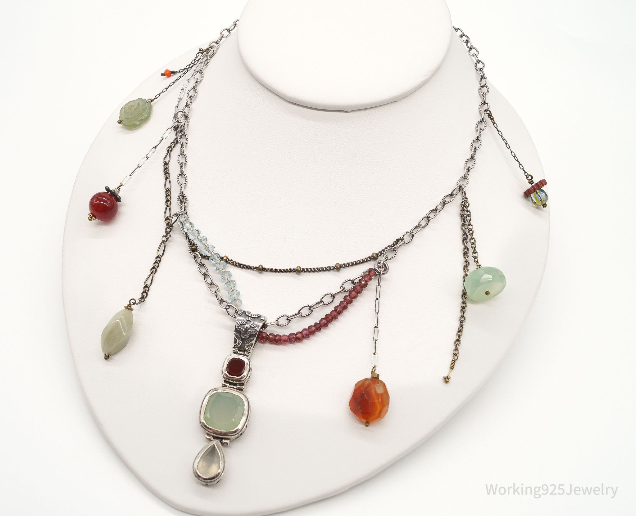 Vintage Multi Gemstone Bead Sterling Silver Necklace