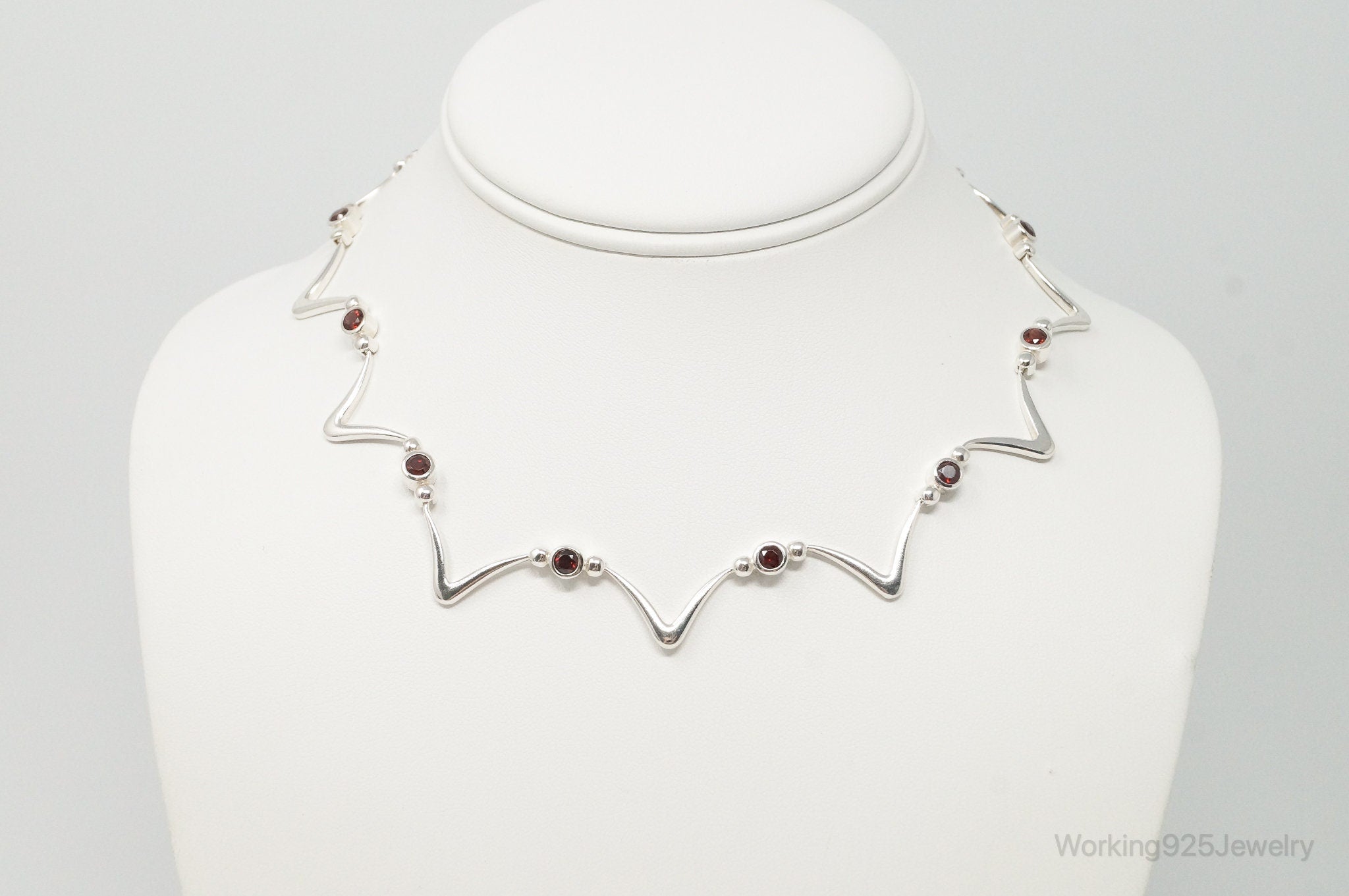 Vintage Modernist Style Garnet Sterling Silver Necklace