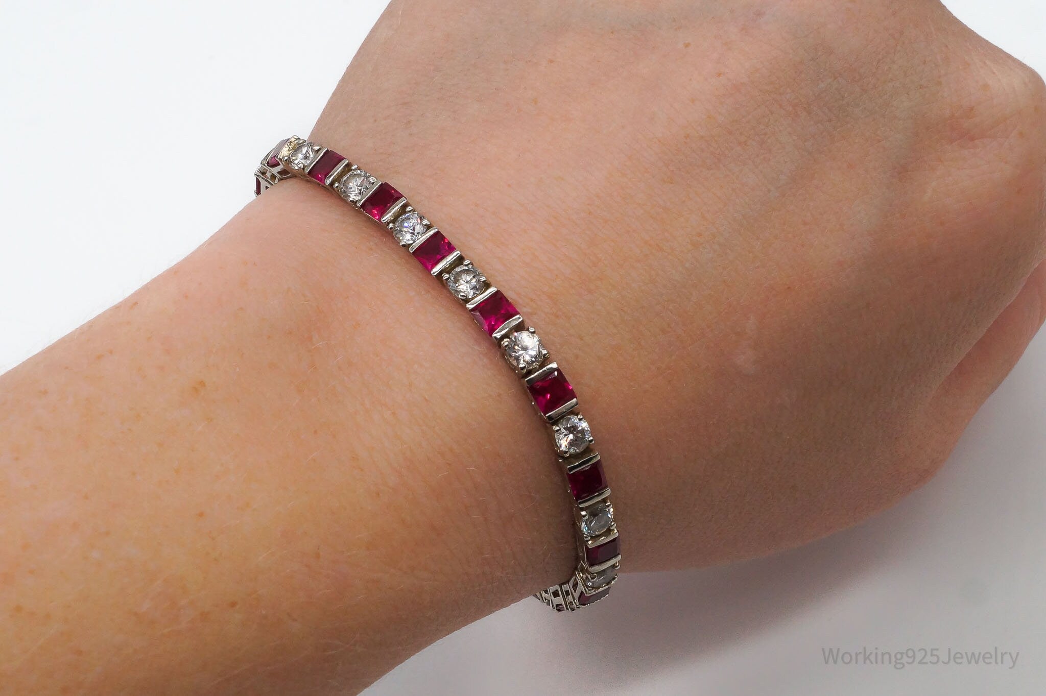 Vintage Ruby Cubic Zirconia Sterling Silver Tennis Bracelet