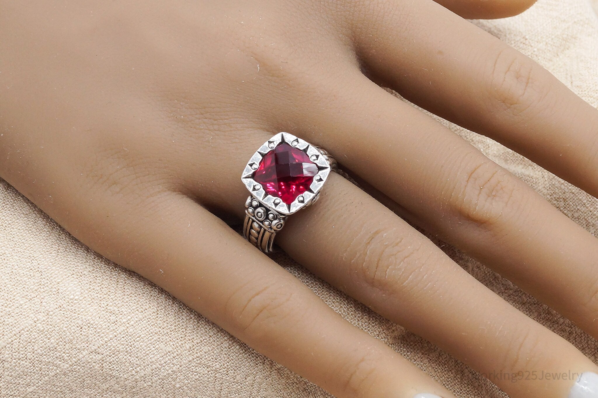 Vintage D & R Lab Ruby Sterling Silver Ring - Size 7