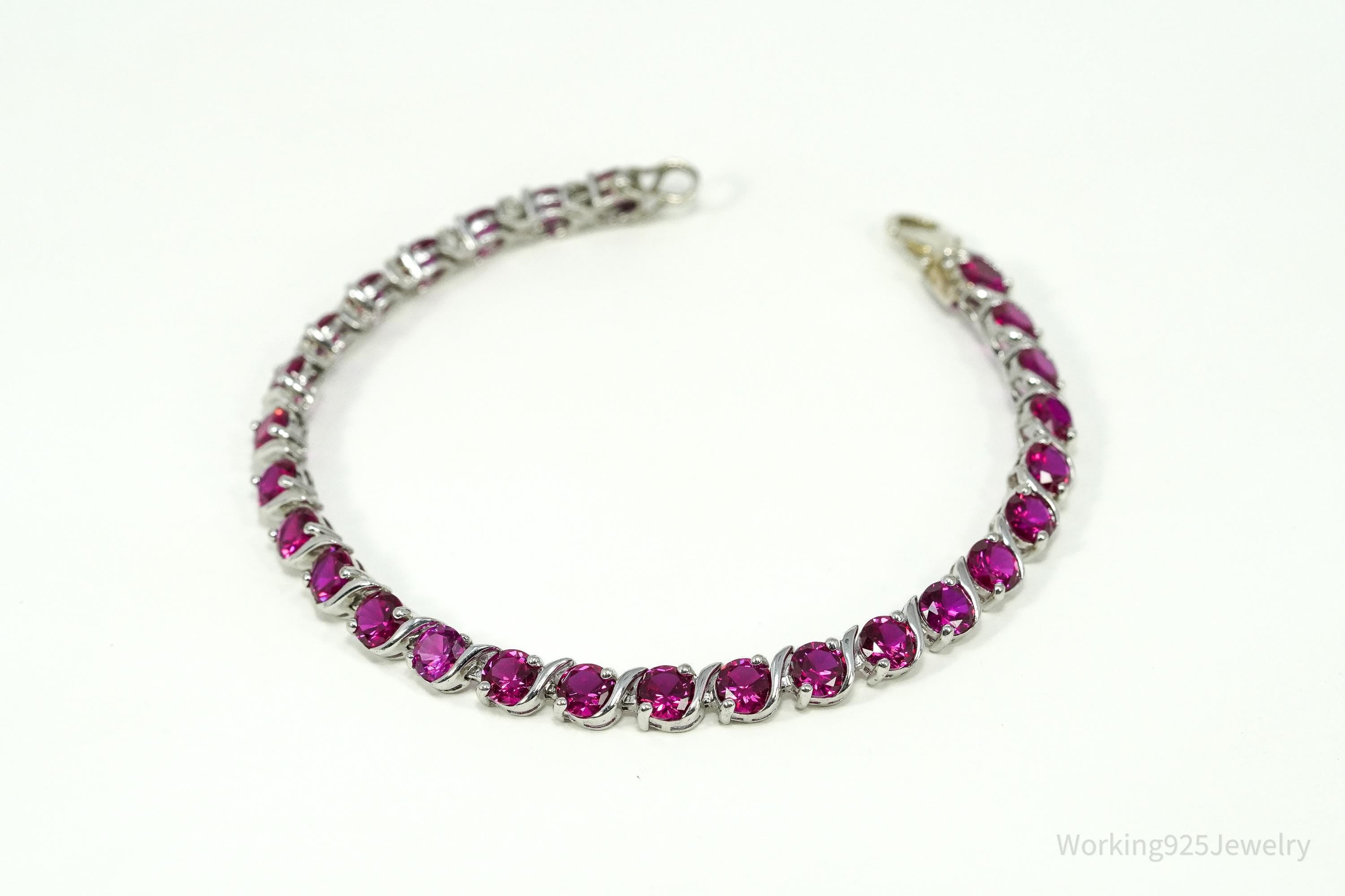 Vintage Lab Treated Ruby Sterling Silver Tennis Bracelet 7 5/8"