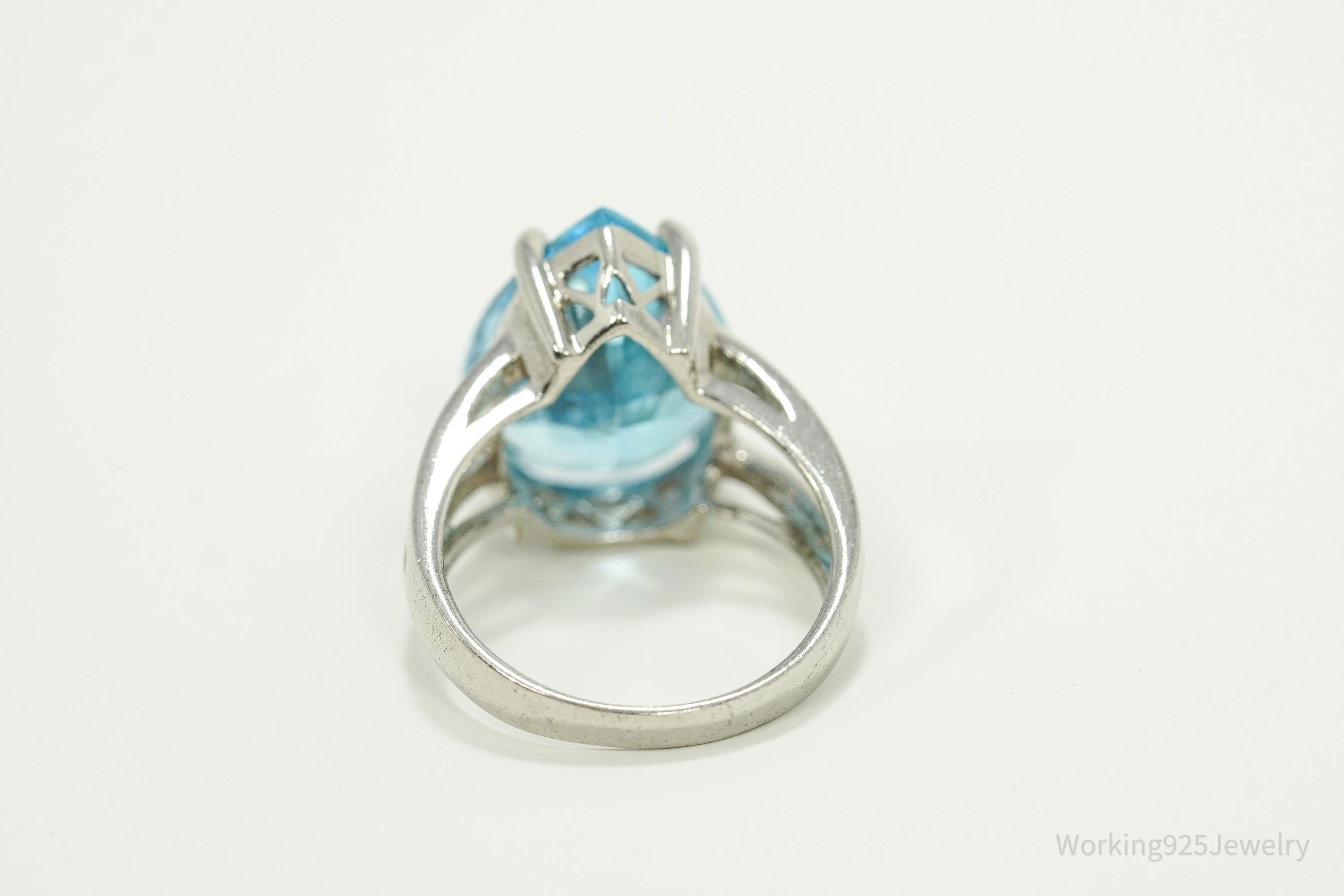 Vintage Large Blue Topaz Sterling Silver Ring - Size 7