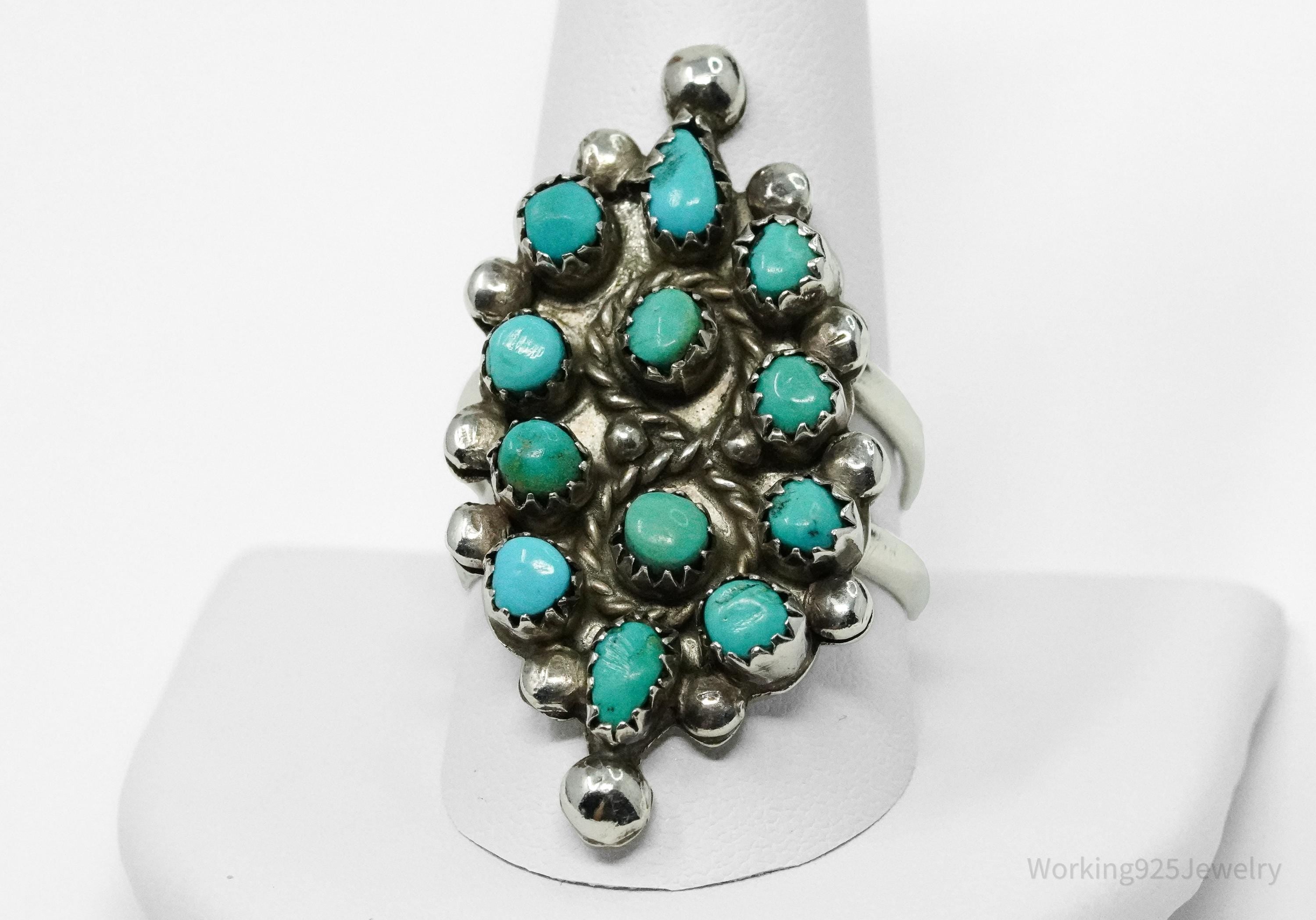 Vintage Handmade Native American Turquoise Inlay Unsigned Silver Ring - Size 10.75