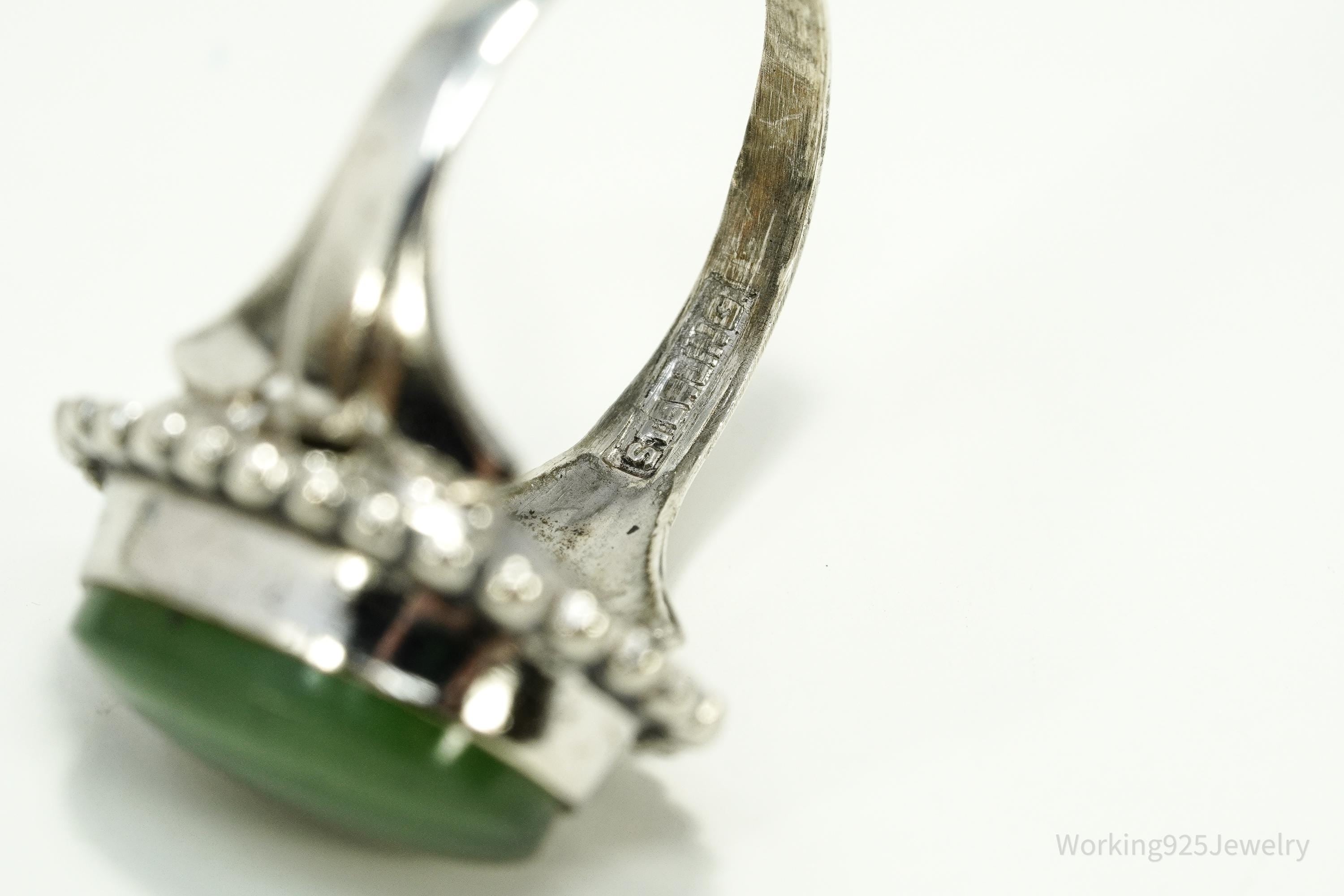 Antique Nephrite Jade Sterling Silver Ring - Size 8.25