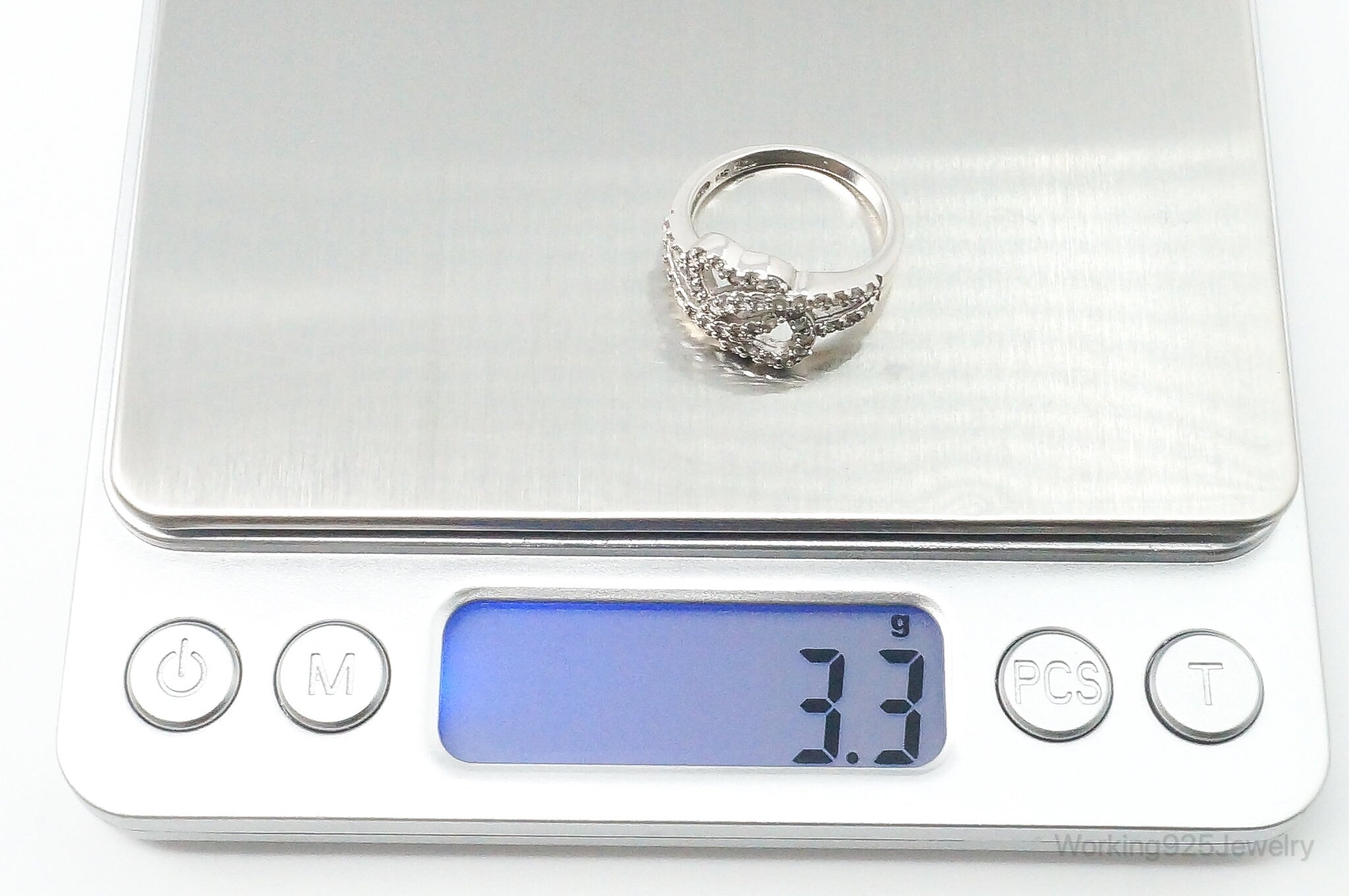 Vintage Cubic Zirconia Linked Hearts Sterling Silver Ring - Size 6