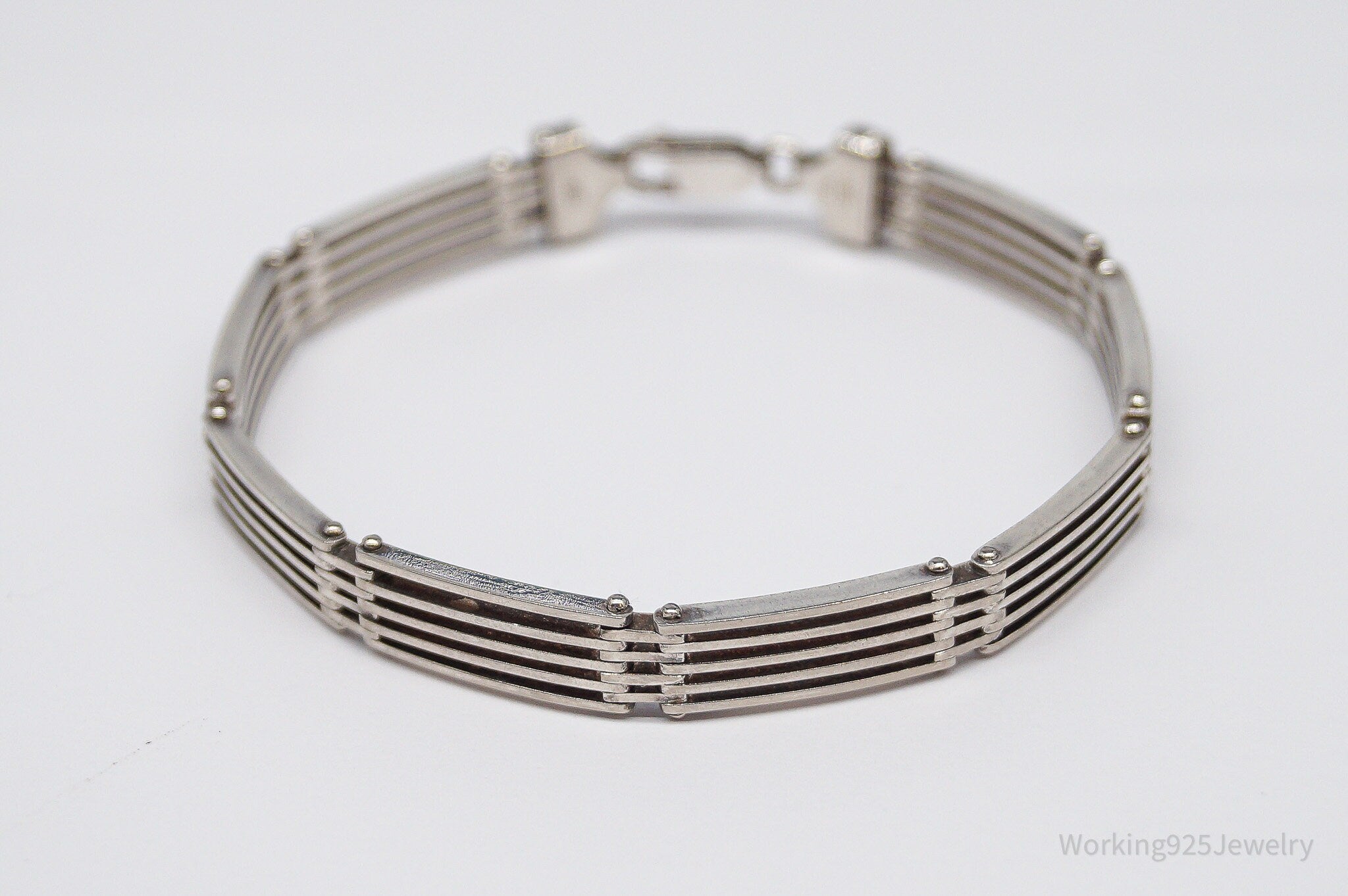 Vintage Italian Sterling Silver Bar Link Hinge Bracelet - 7 3/16"