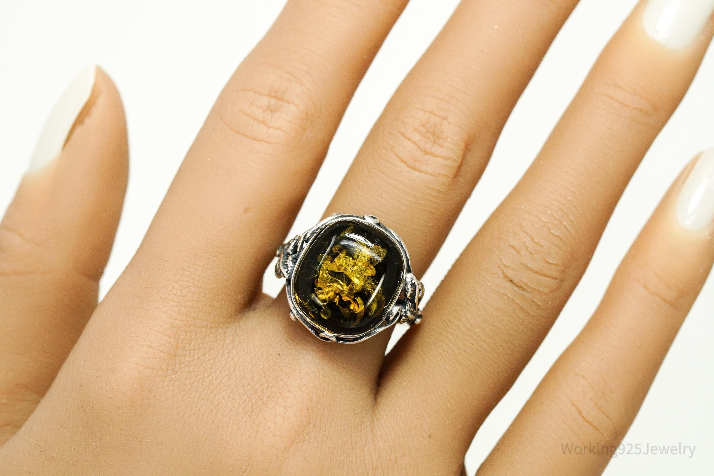 Vintage Large Amber Modernist Style Sterling Silver Ring - Size 9