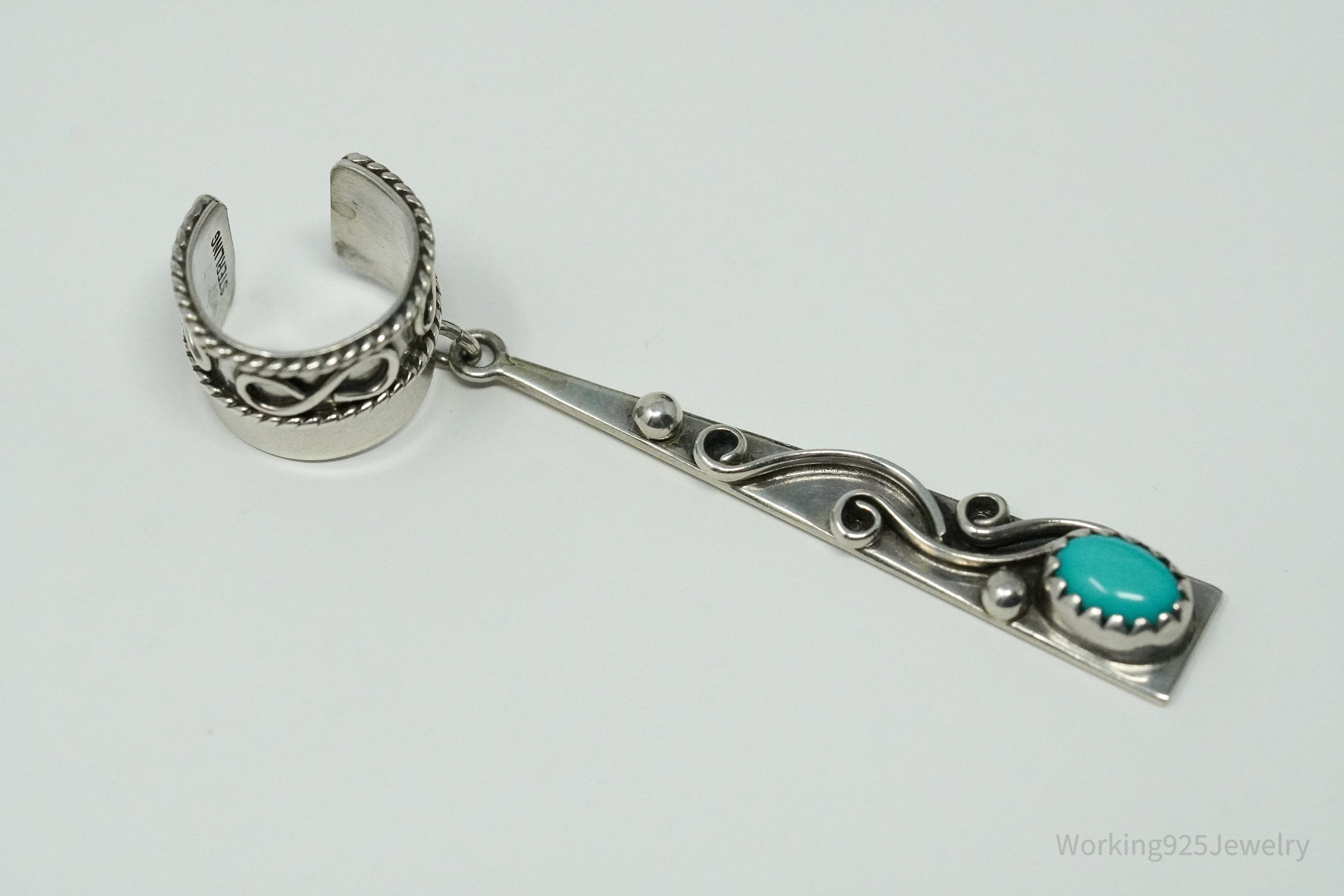 Vintage Turquoise Western Style Sterling Silver Ear Cuff