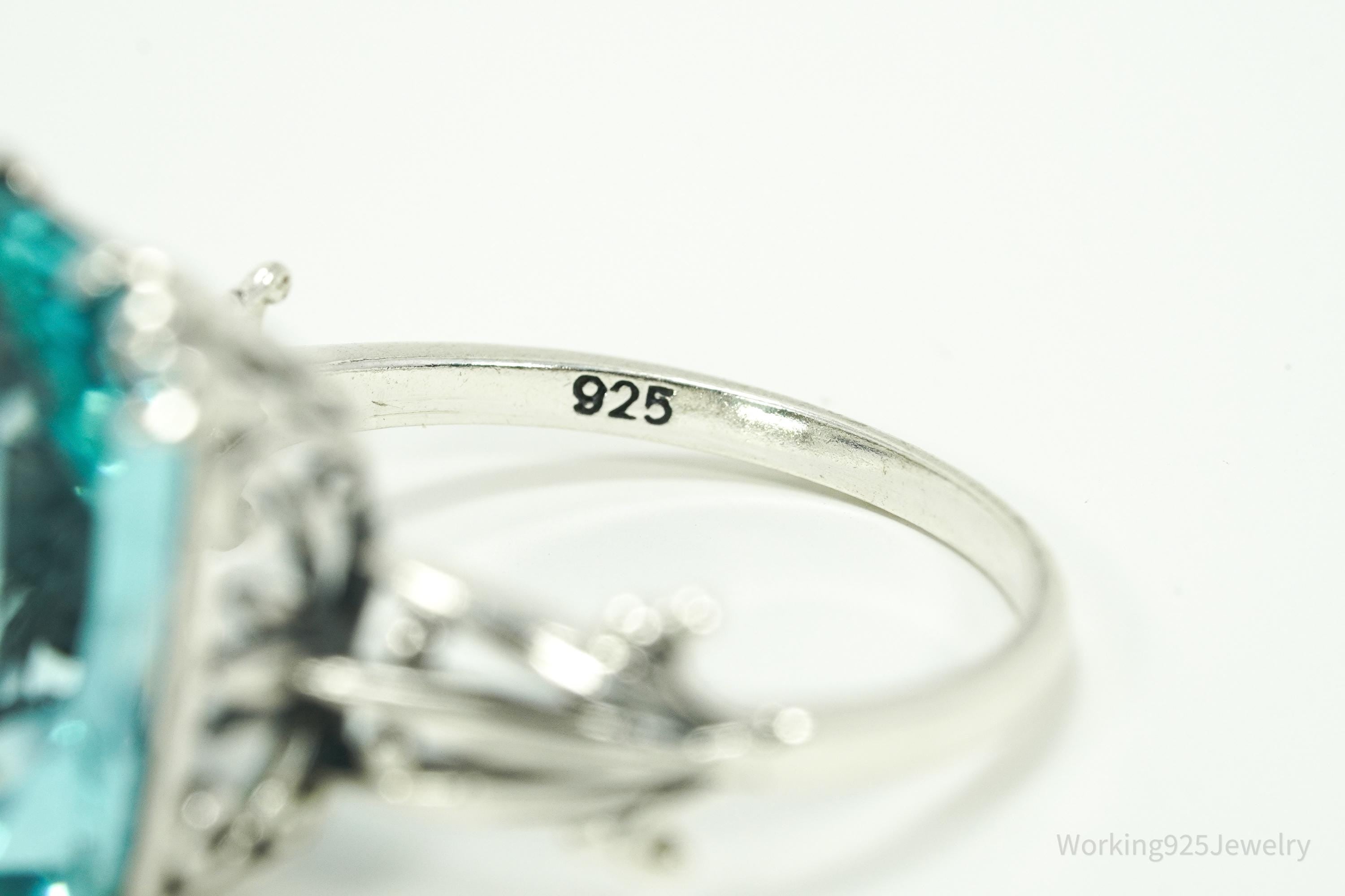 Vintage Faux Glass Blue Topaz Sterling Silver Plated Ring - Size 11.5