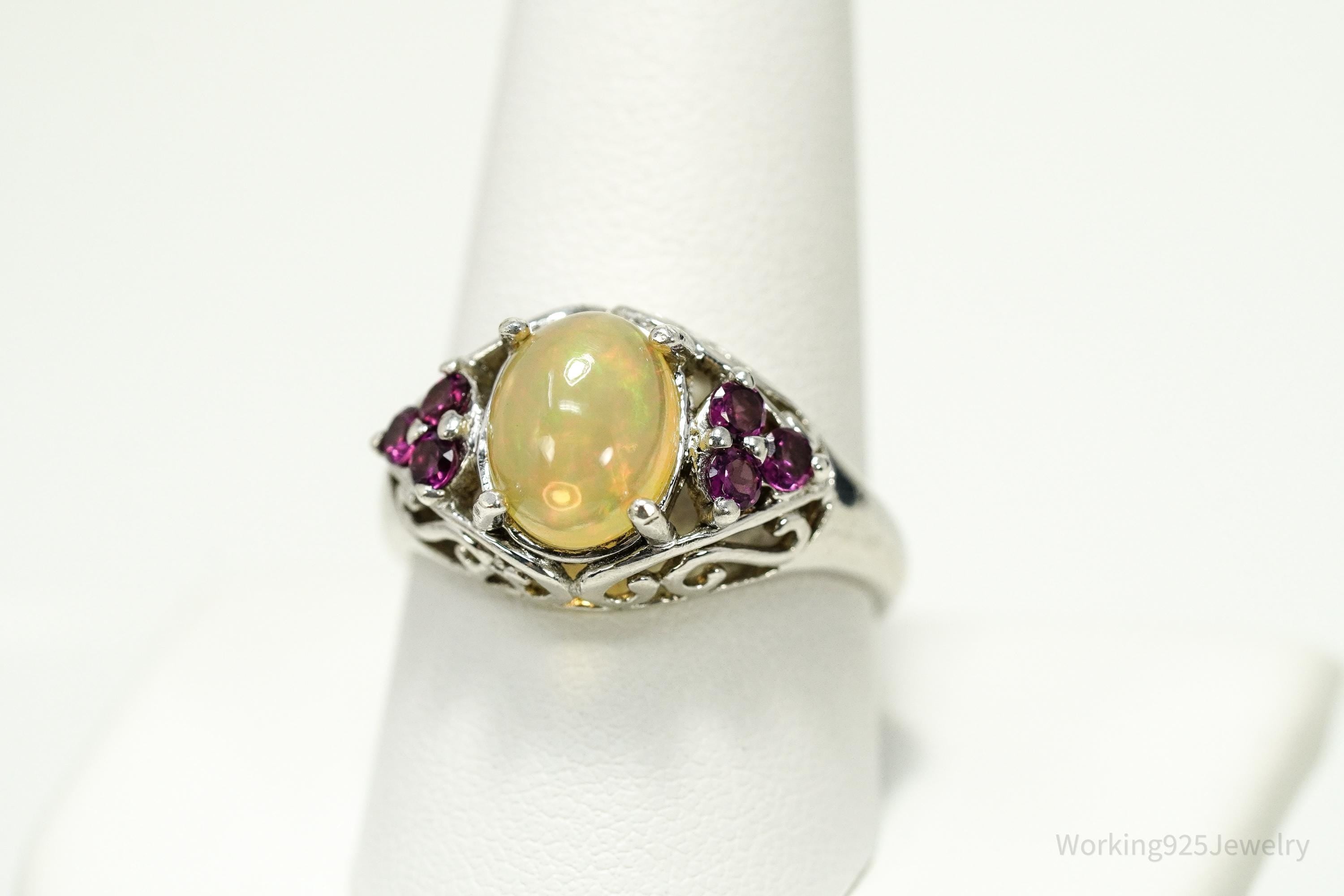 Vintage Ethiopian Opal & Rhodolite Garnet Sterling Silver Ring - Size 10