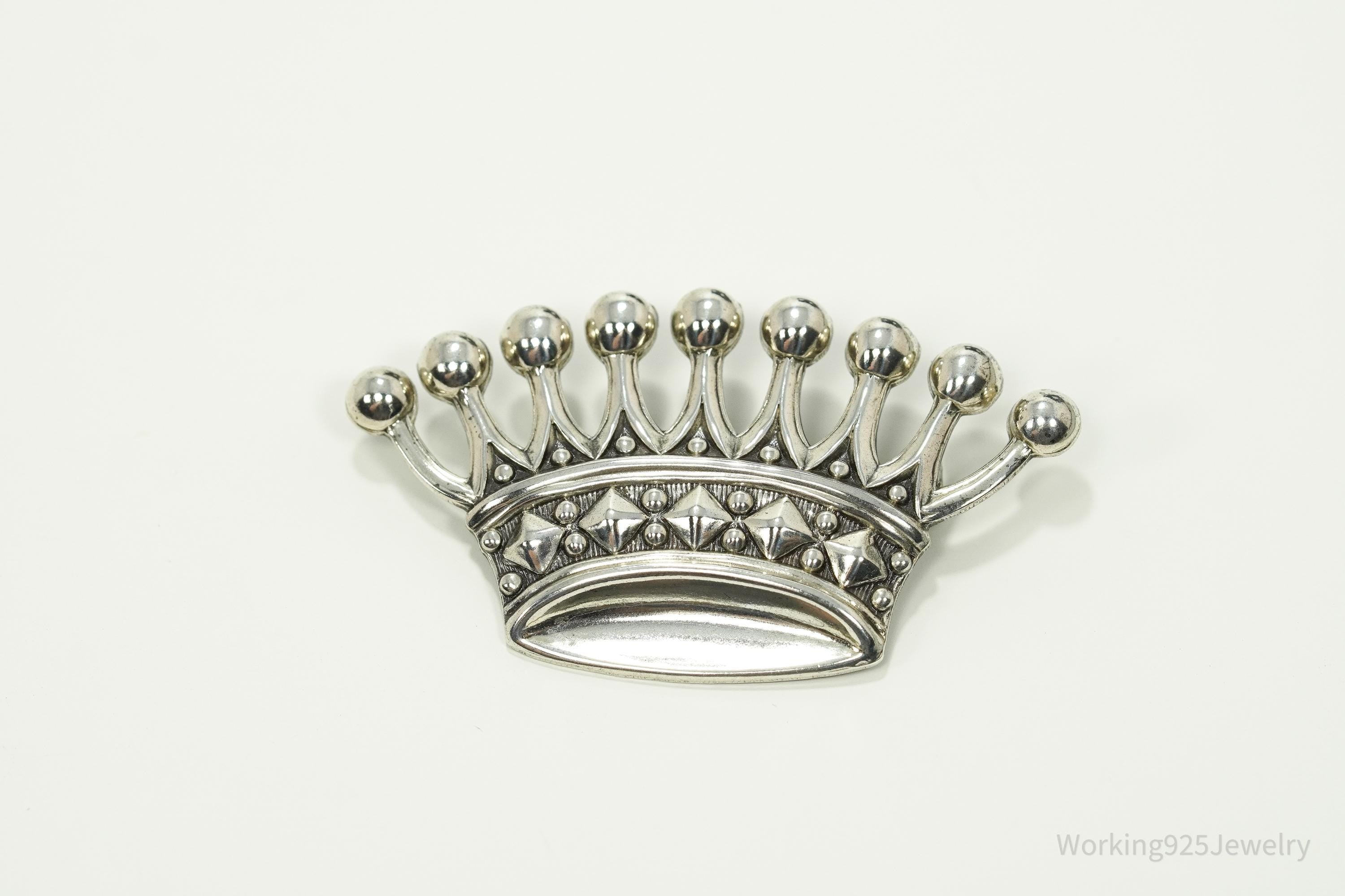 Large Antique Crown Sterling Silver Brooch Pin