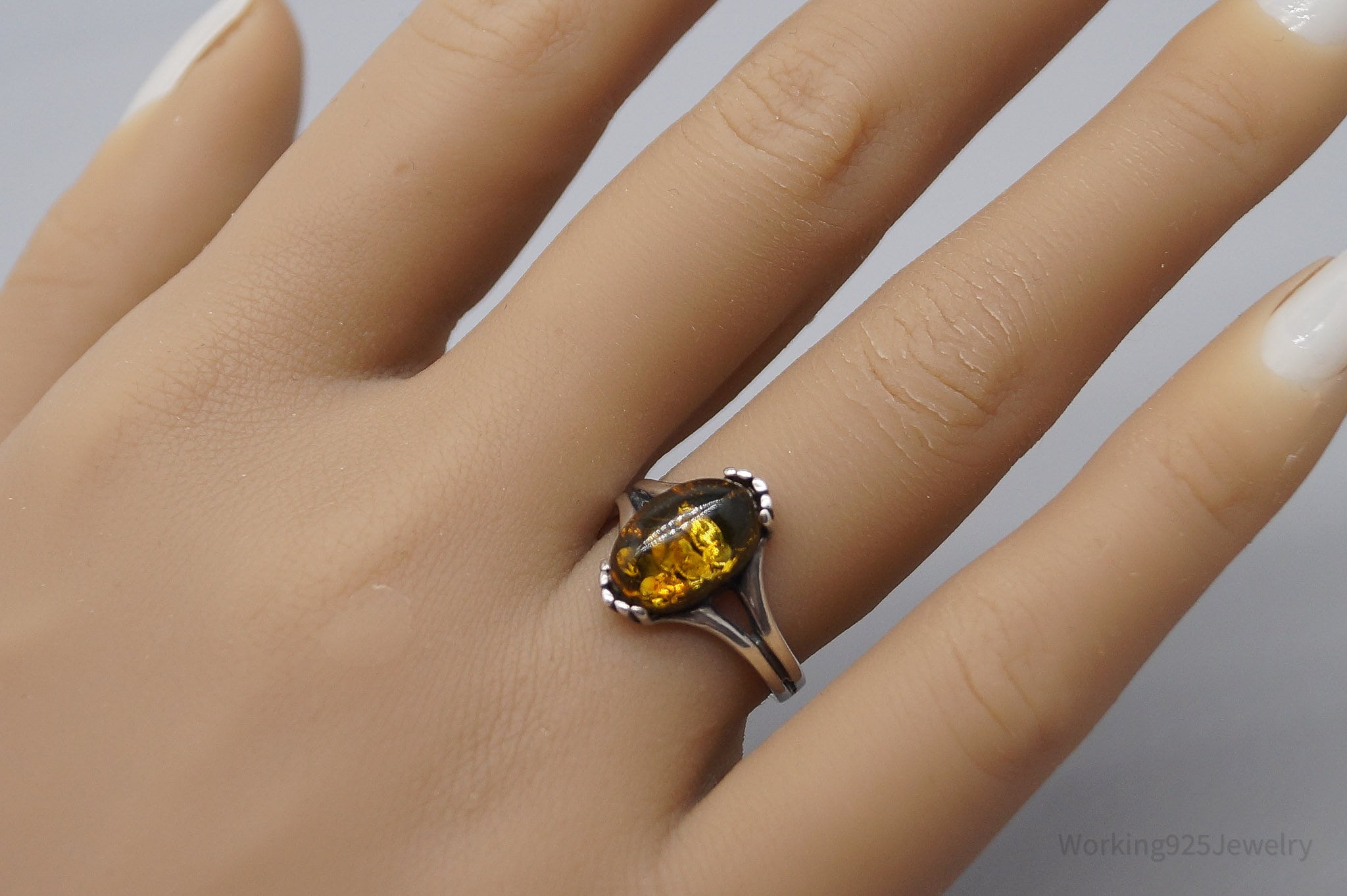 Vintage Amber Sterling Silver Ring - Size 7