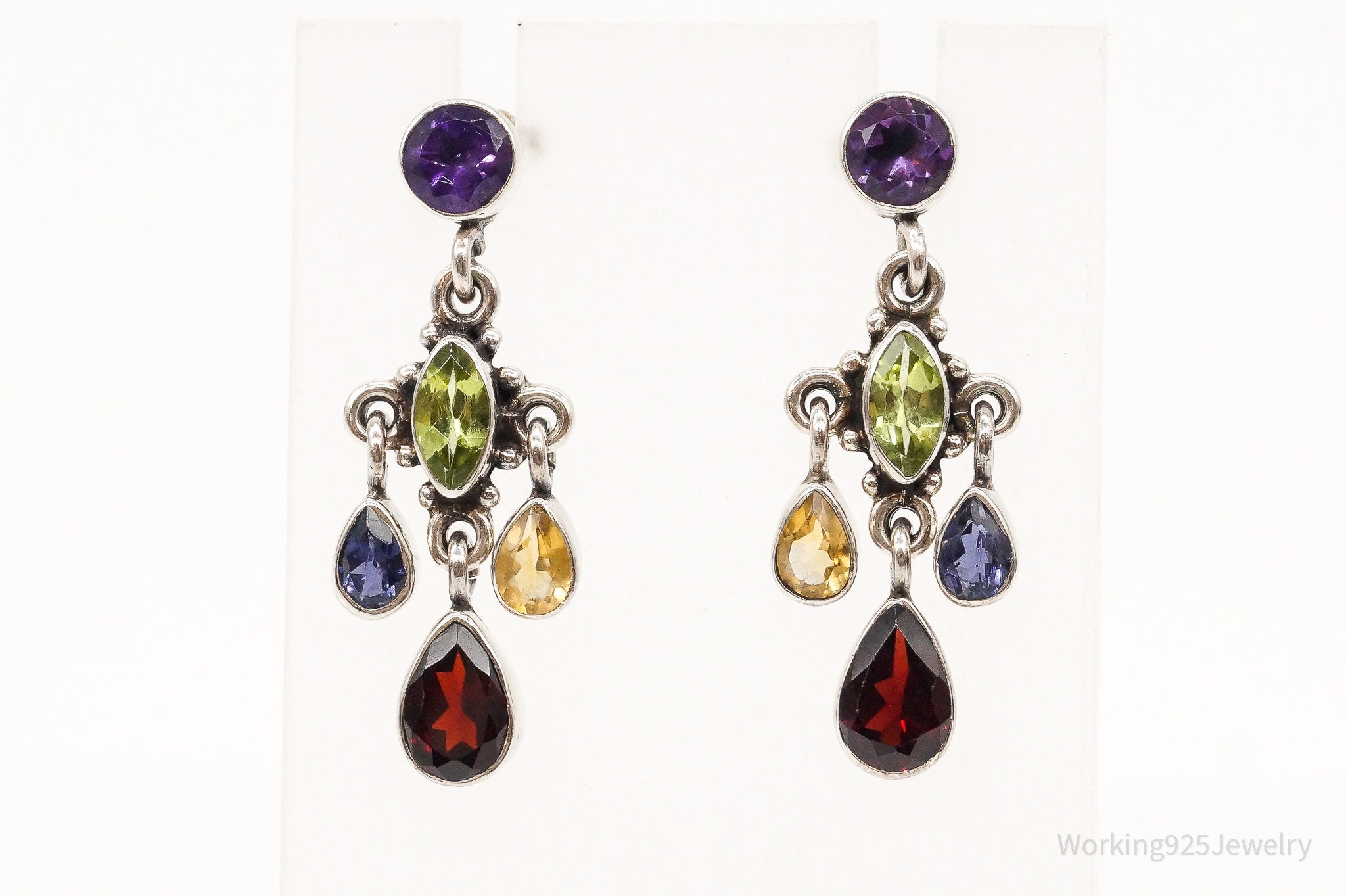 Vintage Multi Gemstone Bali Style Sterling Silver Earrings