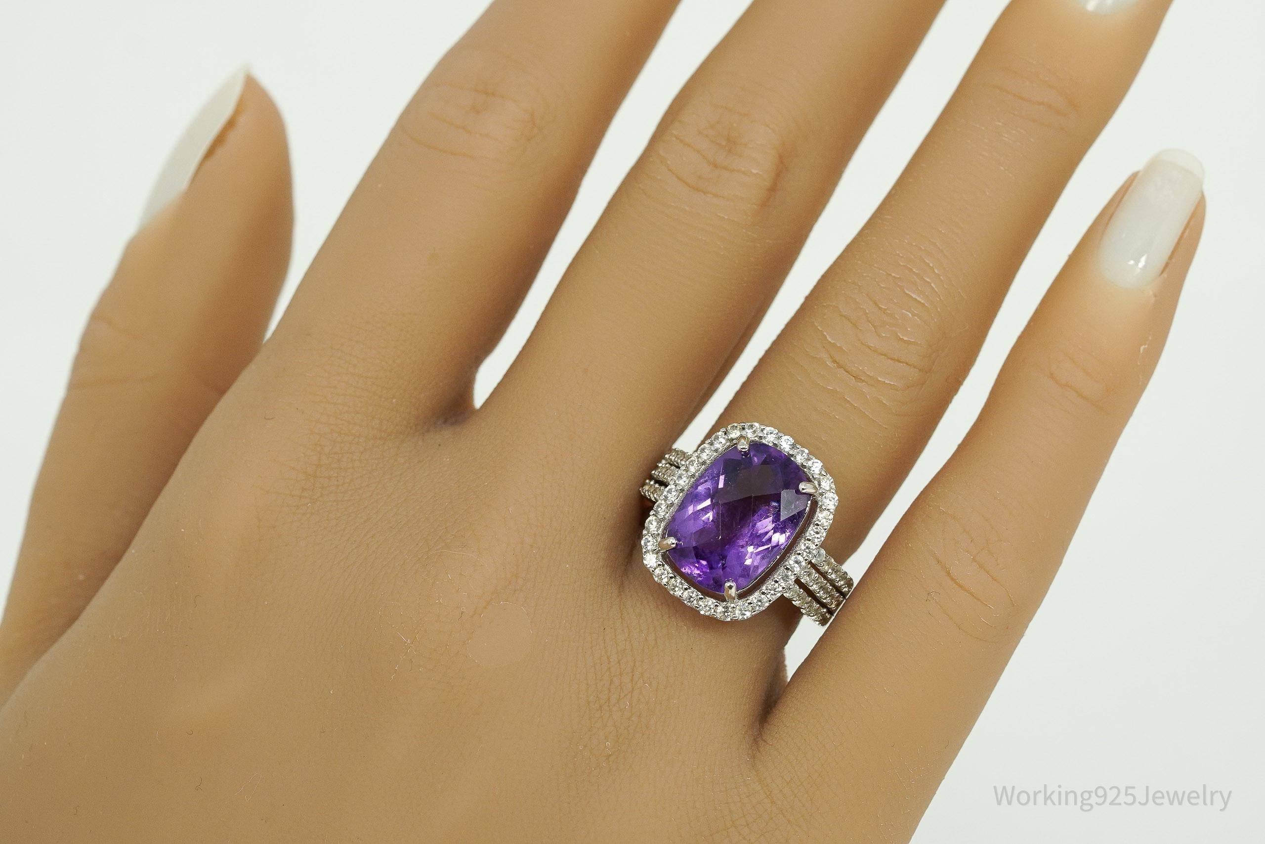 Vintage Amethyst & White Topaz Sterling Silver Ring - Size 7