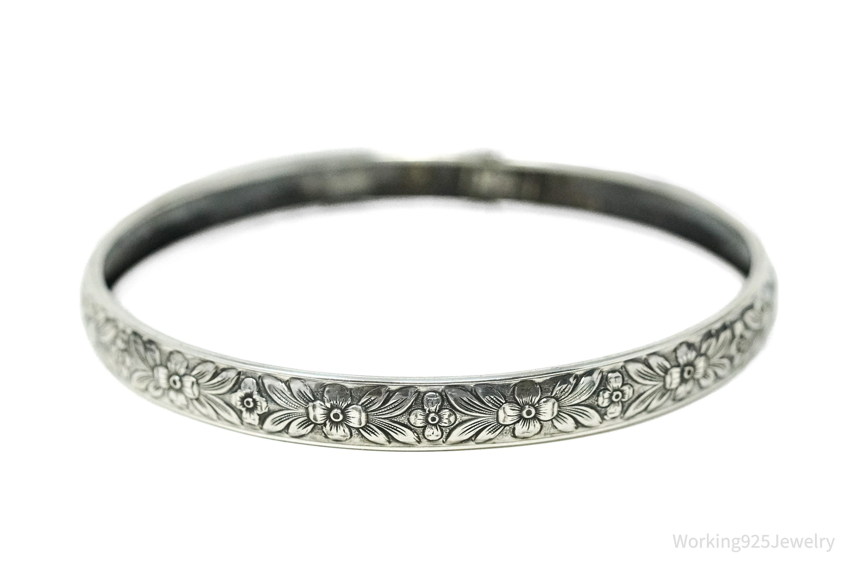 Antique Designer Lang Sterling Silver Floral Bangle Bracelet 8"