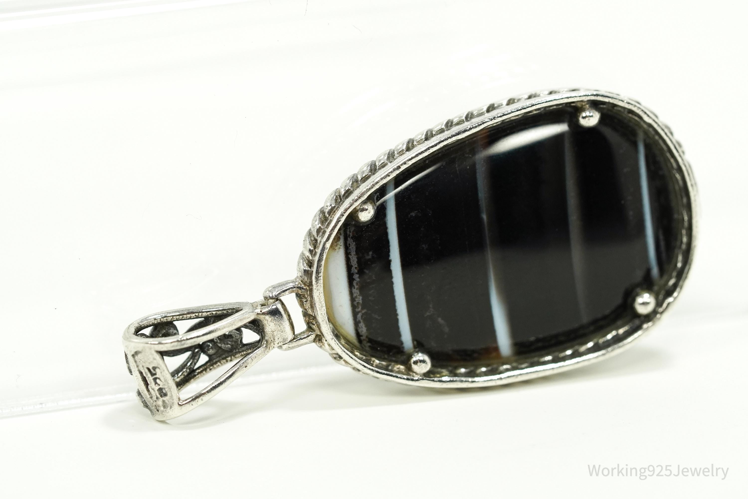 Vintage Large Black Lace Agate Sterling Silver Pendant