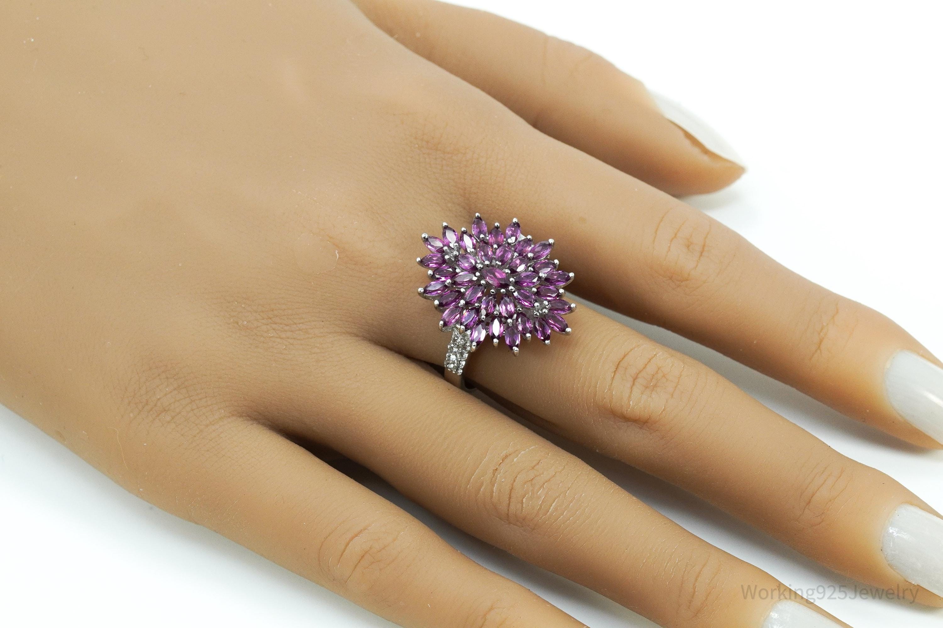 Rhodolite Garnet & White Zircon Sterling Silver Ring - Size 10.25