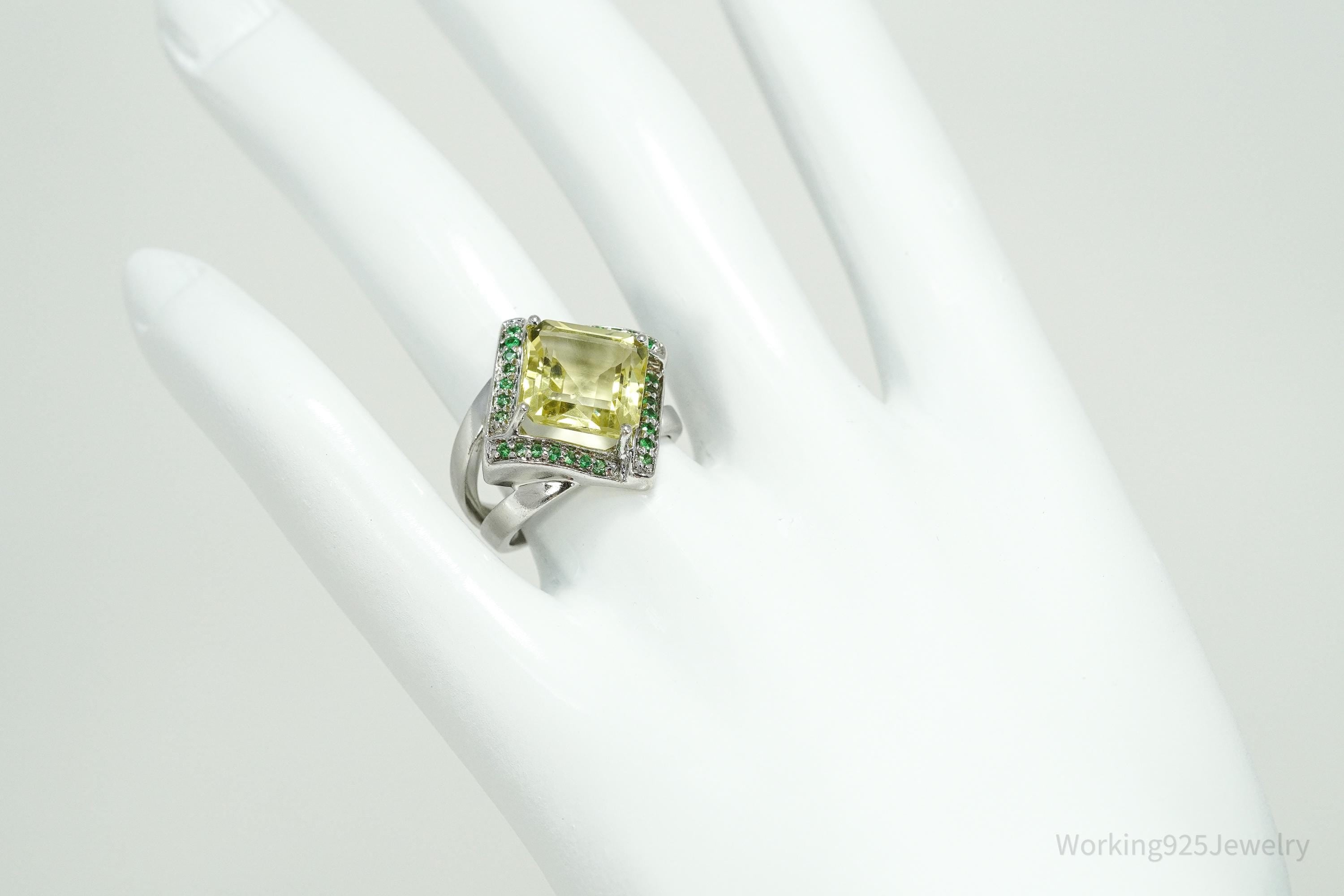 Vintage Lemon Citrine & Emerald Sterling Silver Ring Size 7