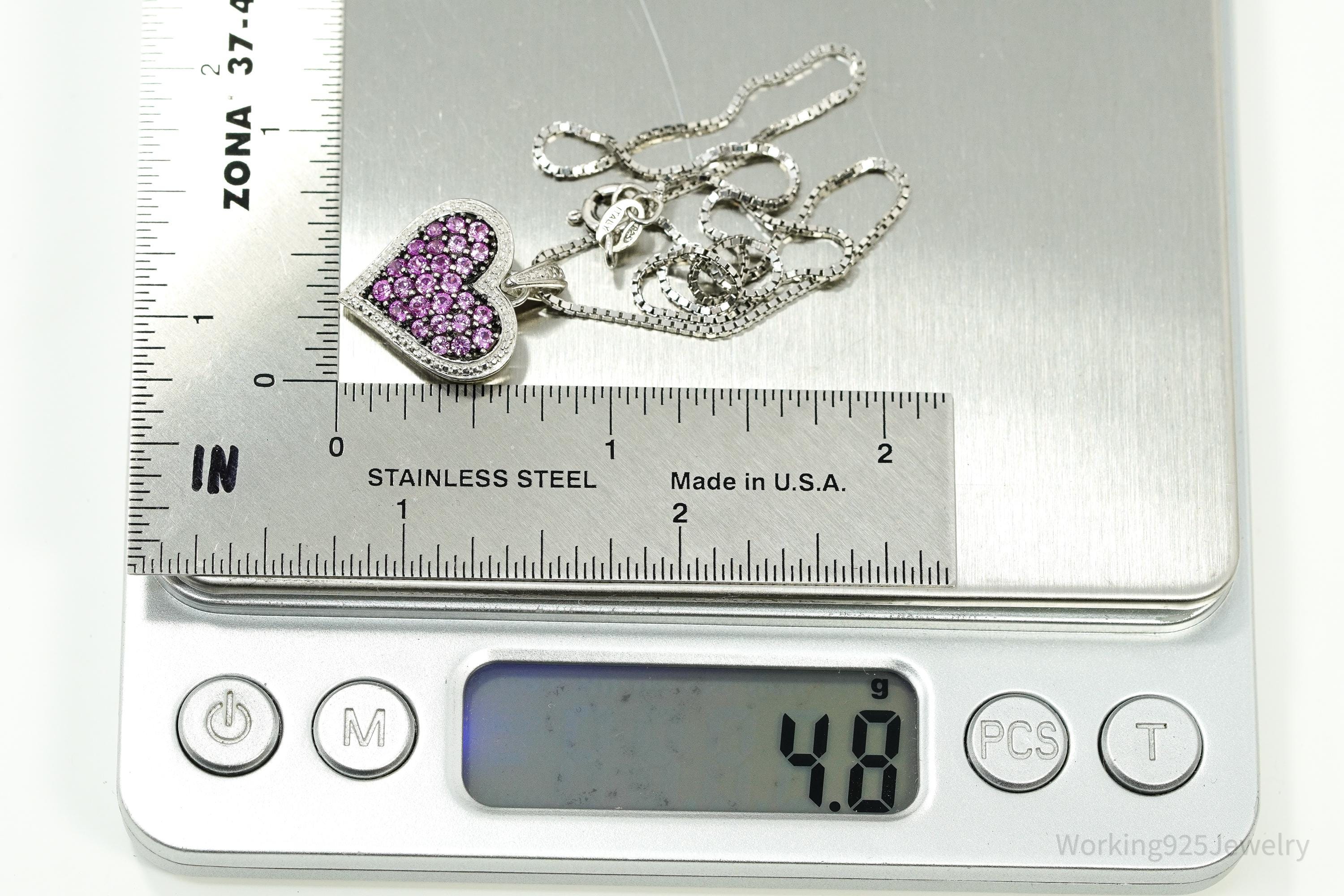 Vintage Pink Sapphire Heart Sterling Silver Necklace 14"