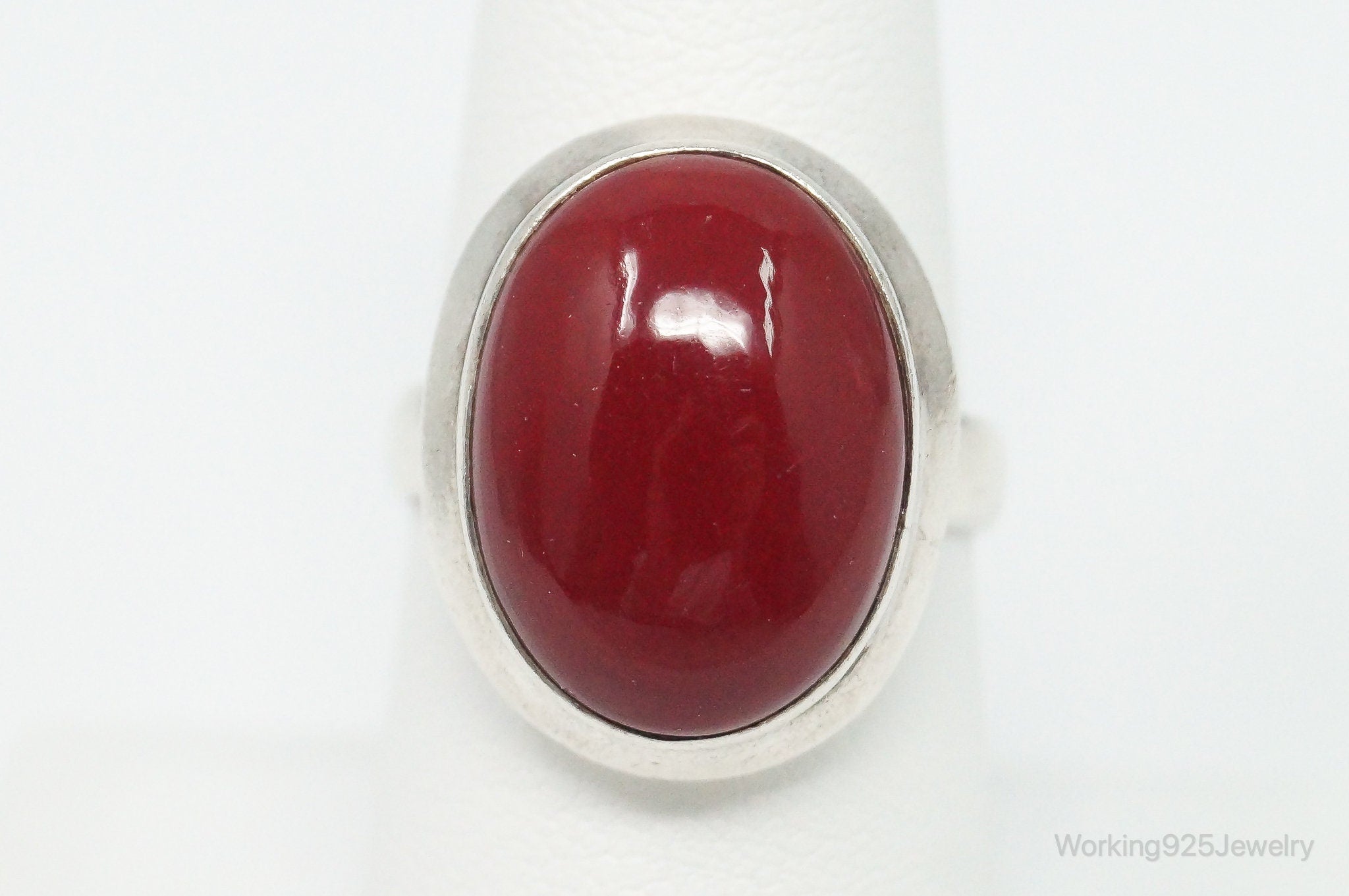 Vintage Large Red Gemstone Sterling Silver Ring - Size 8