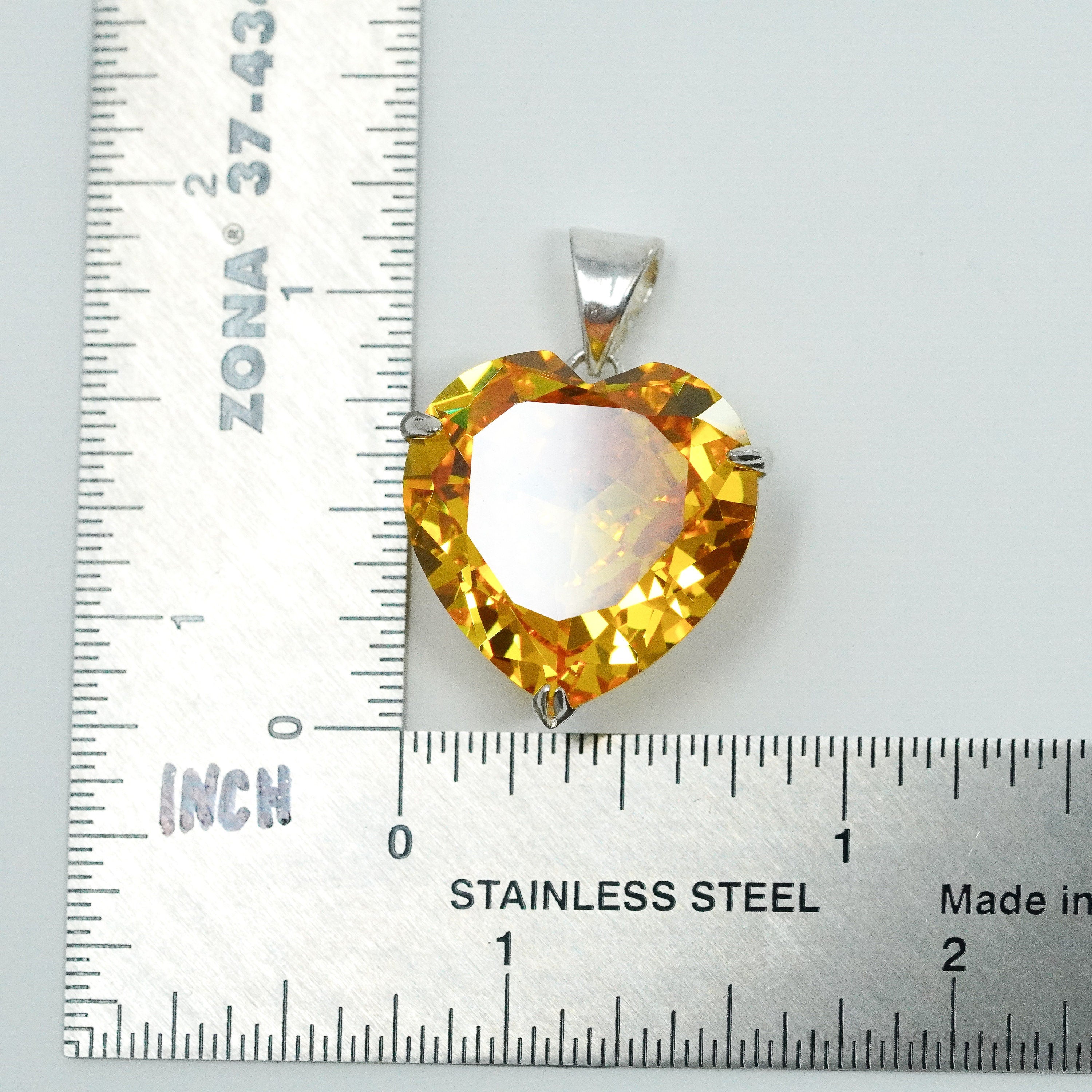 Vintage Large Citrine Heart Sterling Silver Necklace Pendant